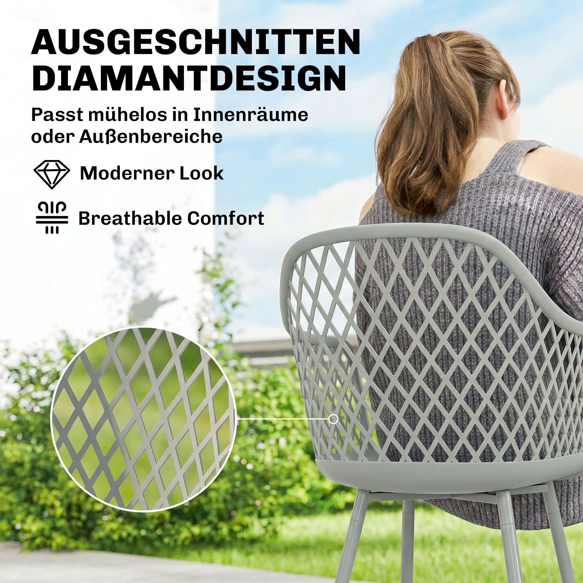Gartenstuhl 4er Set UV-beständige Gartenstühle aus Kunststoff mit Armlehne Rückenlehne 56 x 51 x 84 cm Grau