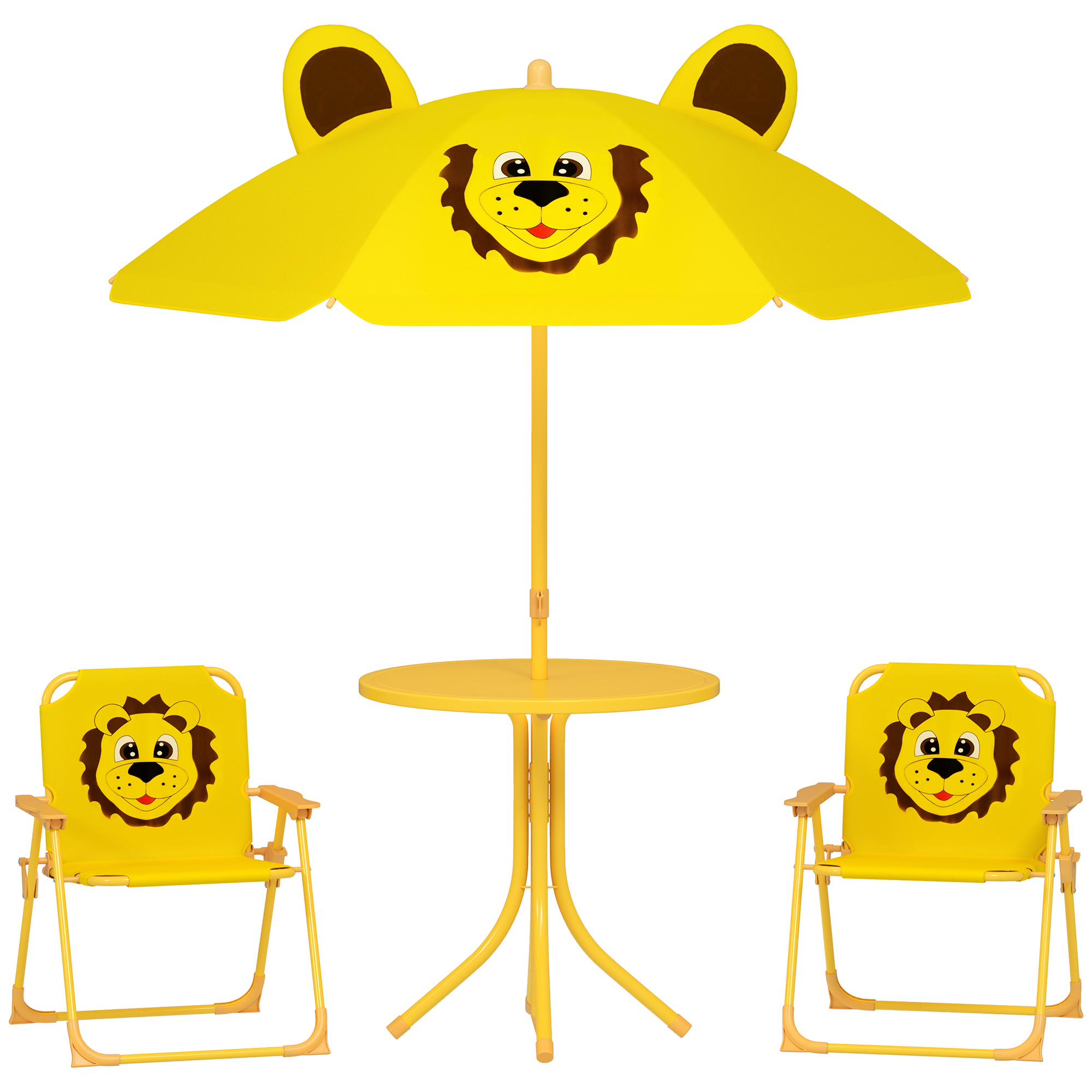 Gartenmöbel-Set für Kinder, Stühle, Tisch, Sonnenschirm, Löwen-Design, Gelb