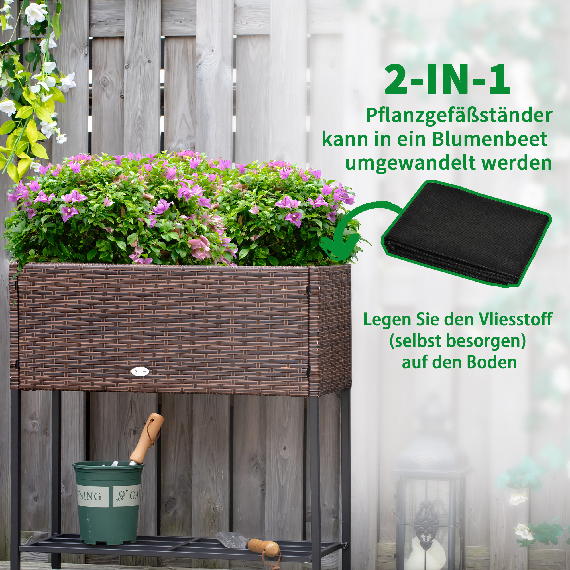 Hochbeet, Blumenkasten, tiefe Ablage, Metallrahmen/Polyrattan, 70 x 30 x 70 cm, Braun/Schwarz