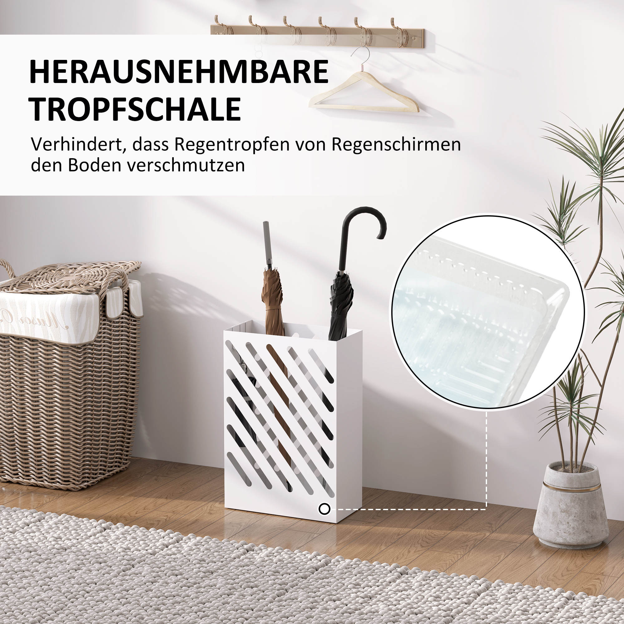 Regenschirmständer mit Tropfschale, 4 Haken, Stahl, 28L x 14B x 41H cm, Weiß
