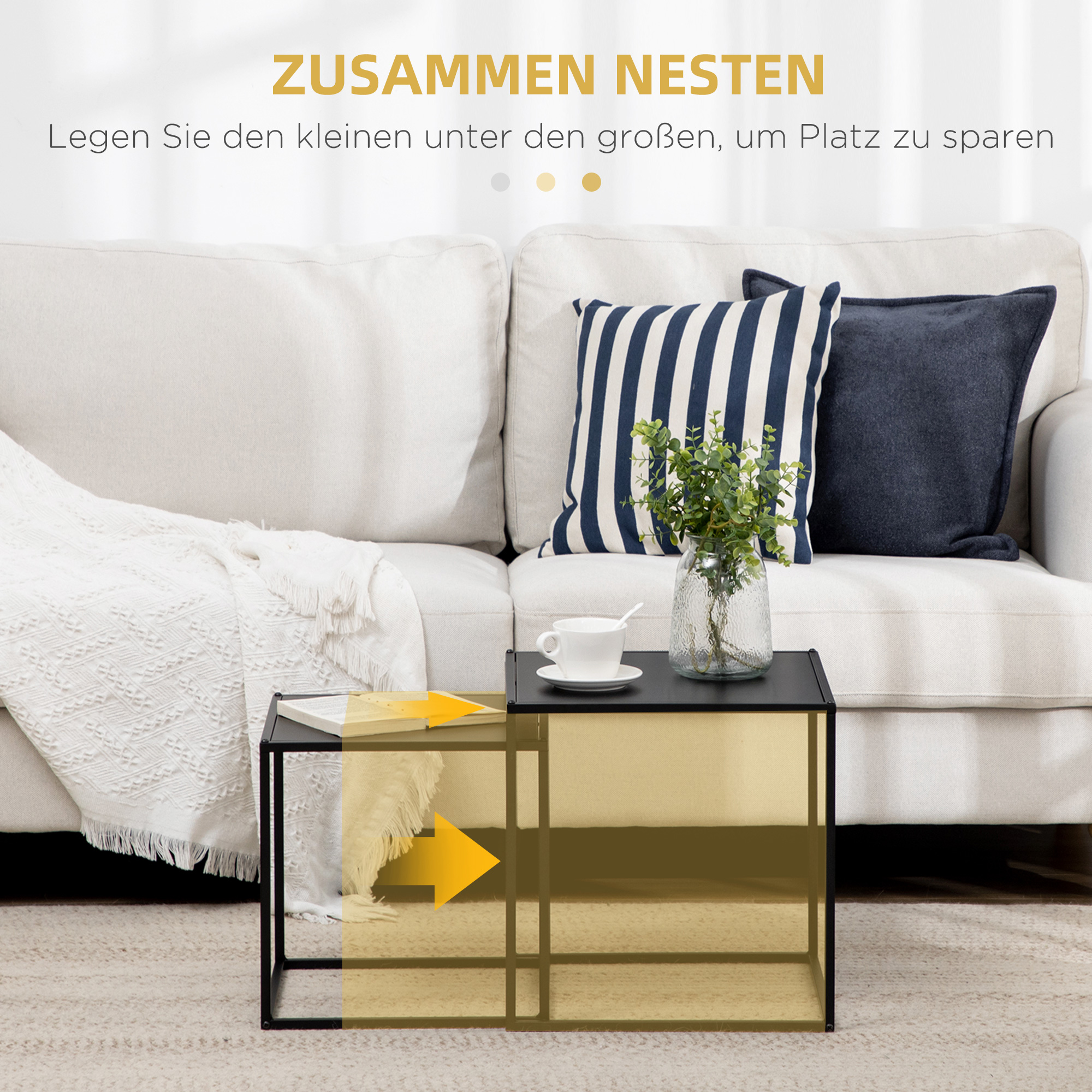 Beistelltisch, Couchtisch, Satztisch, 2er-Set, modernes Design, Stahlrahmen, schwarz, 40 x 40 x 40cm