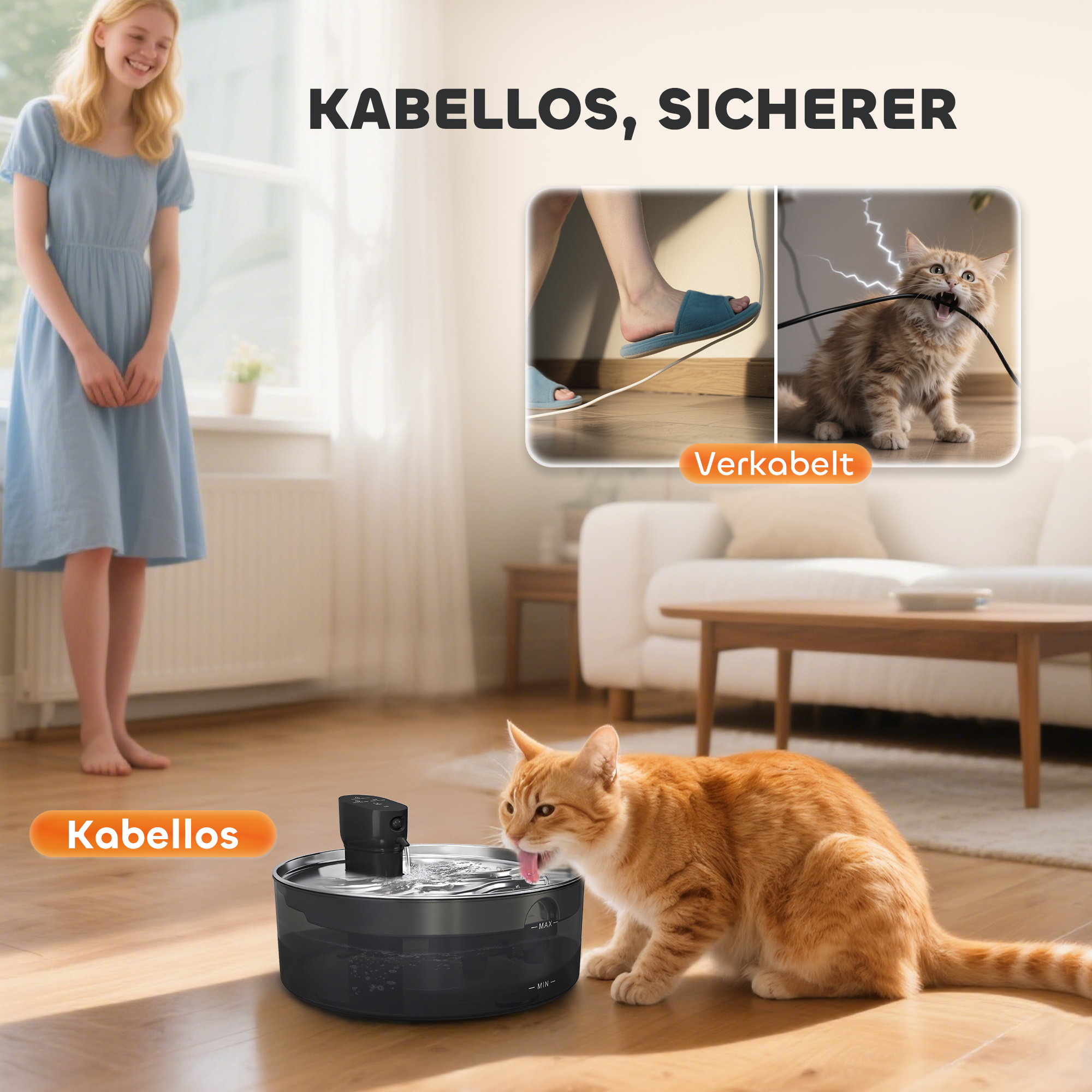 Katzenbrunnen, 7l, Trinkbrunnen für Katzen, mit leiser Pumpe LED Aktivkohlefilter Edelstahl 30,6 x 30,6 x 17,2 cm