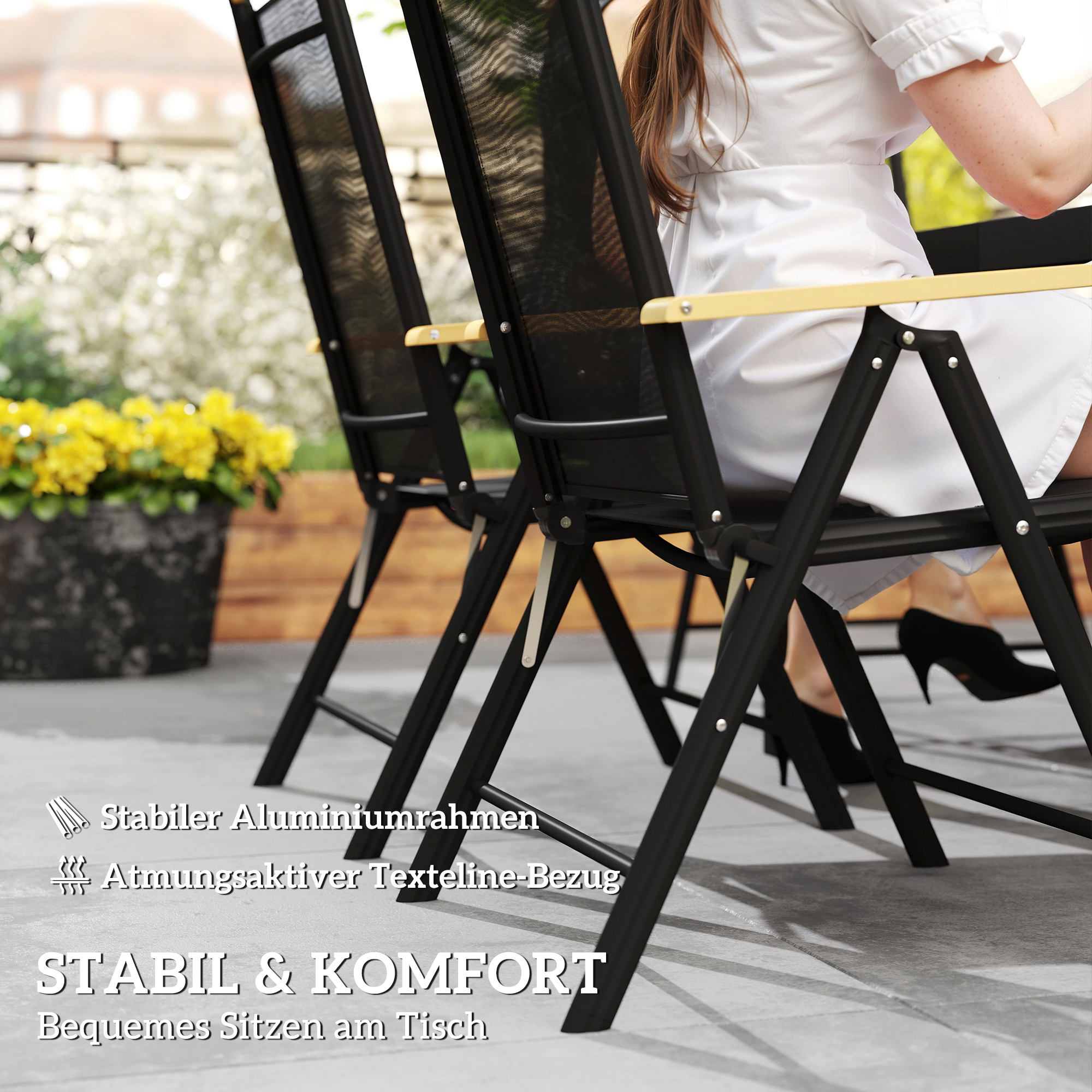 Sitzgruppe klappbar für 6 Personen 1 Tisch+6 Stühle Gartenmöbel Set Sitzgarnitur Aluminium Mesh Schwarz