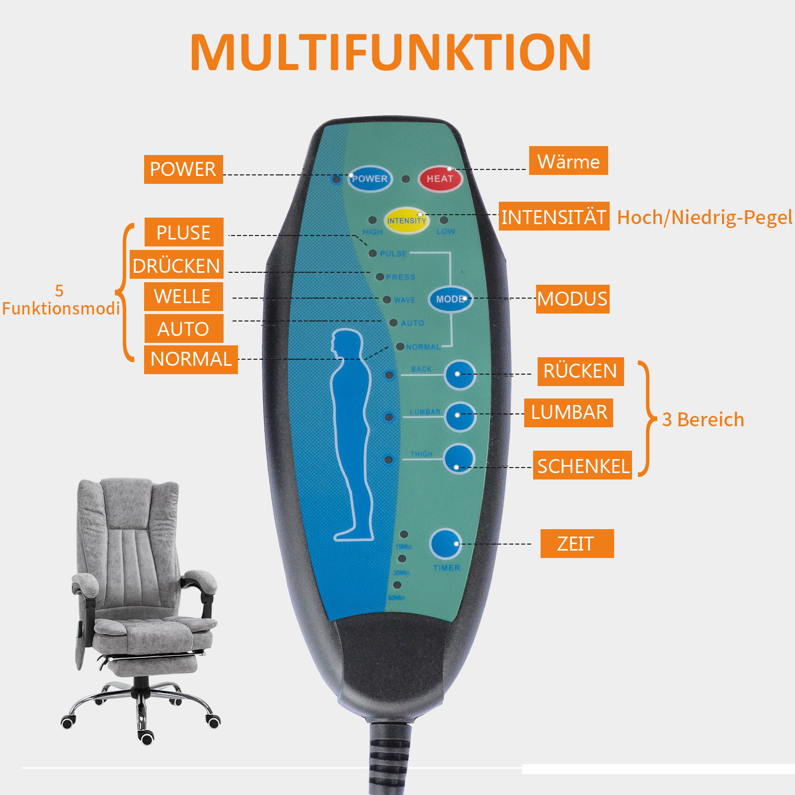 Bürostuhl mit Massagefunktion, Ergonomischer Schreibtischstuhl mit Heizfunktion, Liegefunktion, Höhenverstellbarer Drehstuhl mit Fußstütze, Seitentasche, grau