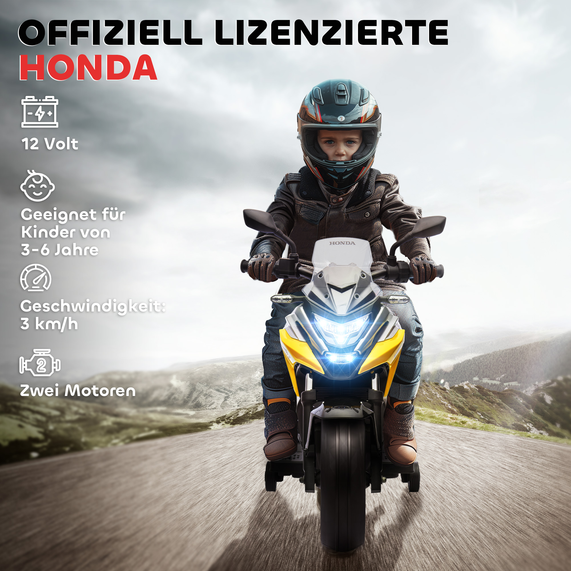 Elektro-Kindermotorrad, Honda, 3 km/h, Musik & Licht, 3-6 Jahre, bis 30 kg, Gelb