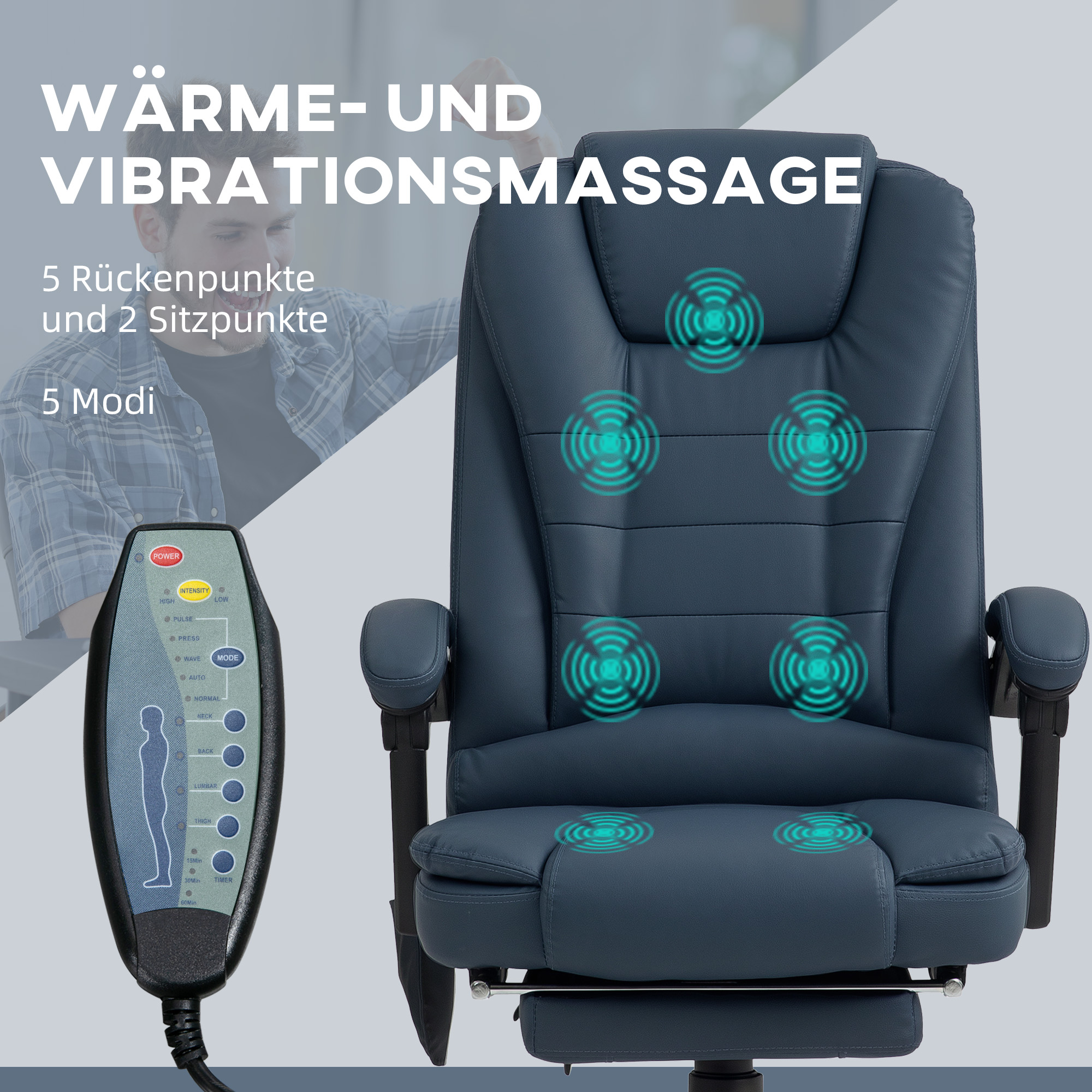 Massage-Bürostuhl, 7 Vibrationspunkte, verstellbare Fußstütze & Lehne, bis 120 kg, Lederoptik, Blau