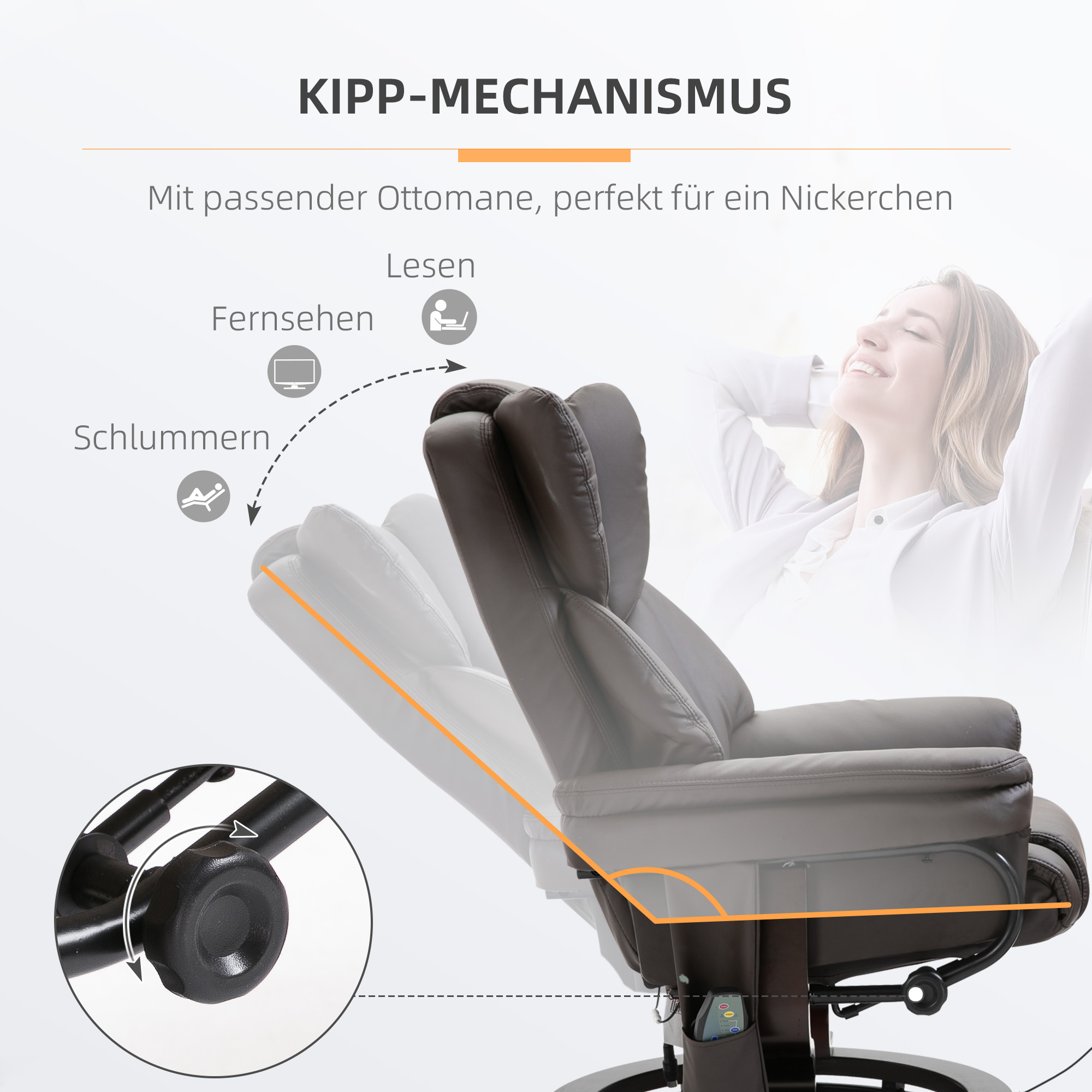 Relaxsessel mit Hocker, 360°drehbarer Fernsehsessel mit Massage, Liegefunktion, Massagesessel mit Seitentasche, Liegesessel, Kunstleder für Wohnzimmer Braun