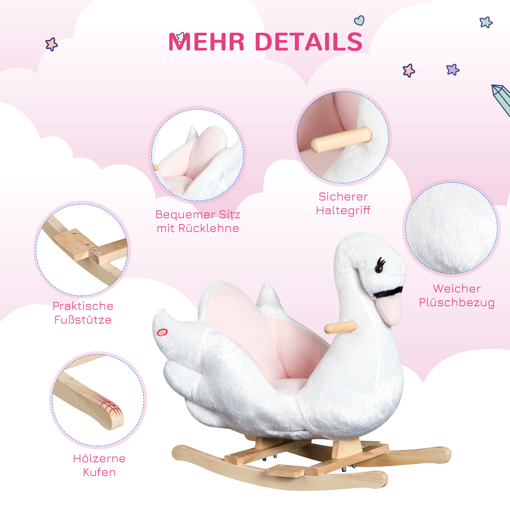 Schaukeltier Schaukelpferd mit Sicherheitsgurt Musik, 55 cm Baby Schaukel aus weichem Plüsch Schaukelspielzeug Spielzeug Wippe für Baby Kinder Kleinkinder ab 18 Monate Holz
