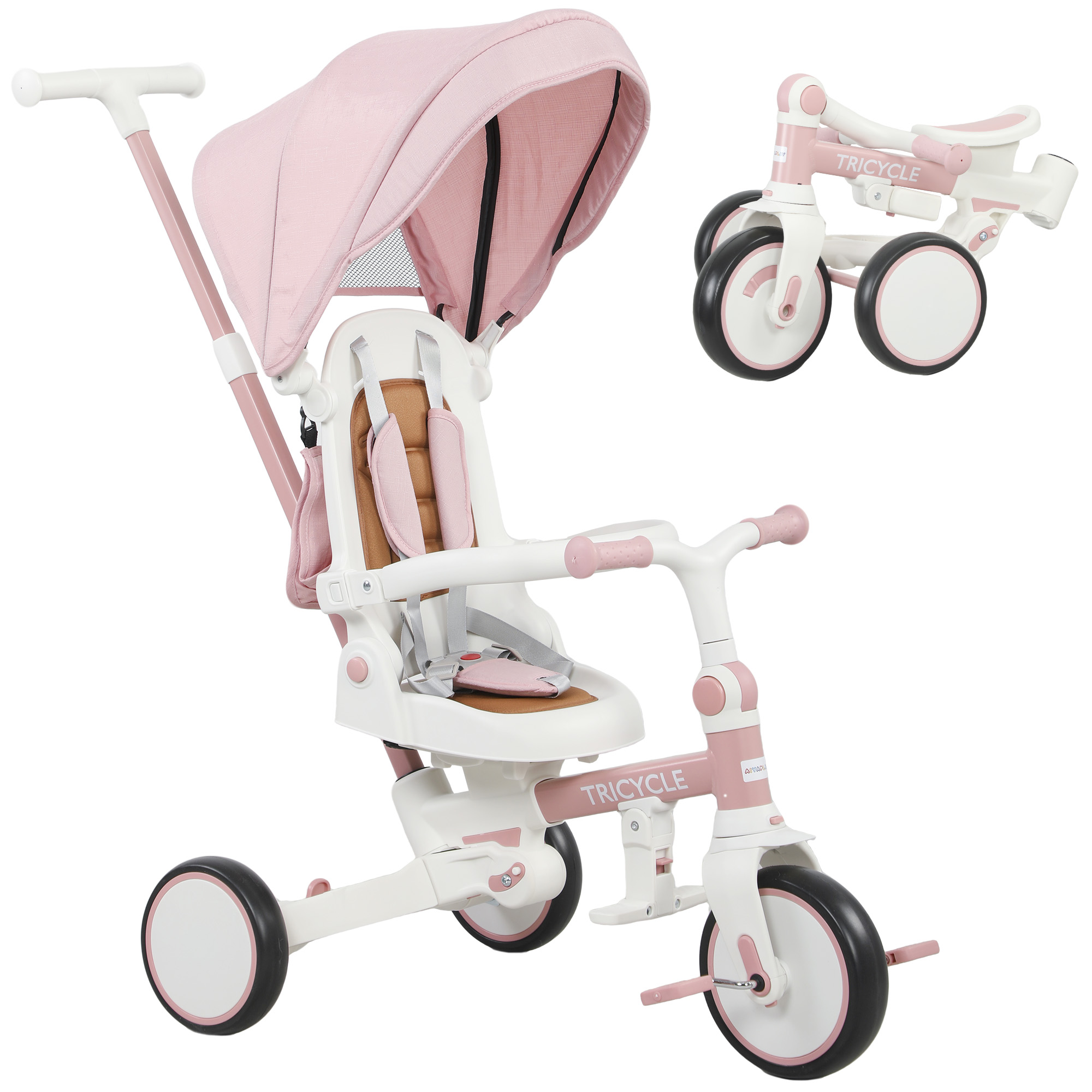 Kinder-Dreirad, wandelbarer Baby-Buggy, 5-in-1 Design, abnehmbarer Schiebegriff, verstellbar, Sicherheitsgurt, Aufbewahrungstasche, 1-3 Jahre, Rosa