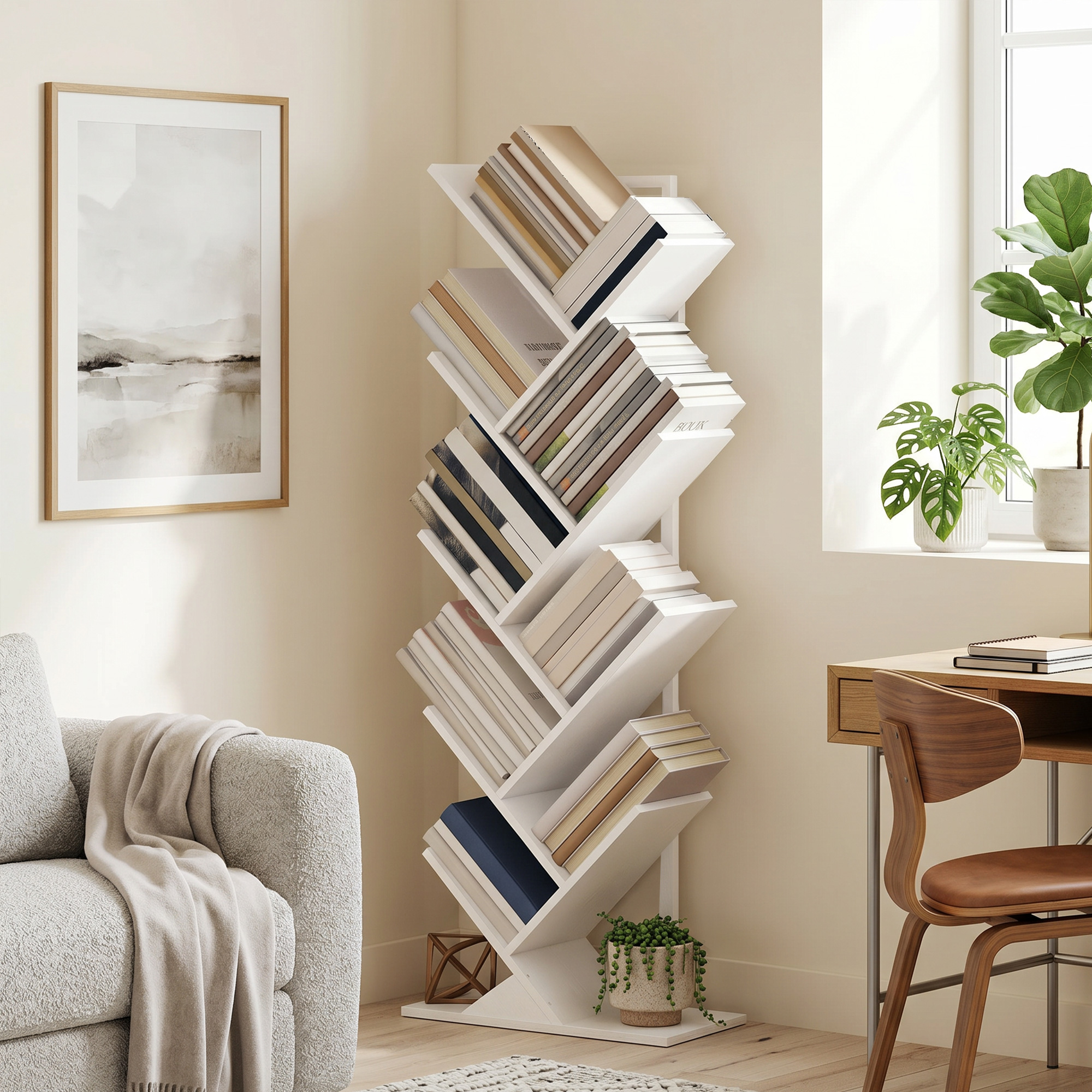 9-stufiges Baum-Bücherregal, freistehendes industrielles Bücherregal mit Stahlrahmen, Aufbewahrungseinheit für CDs, DVDs, Weiß