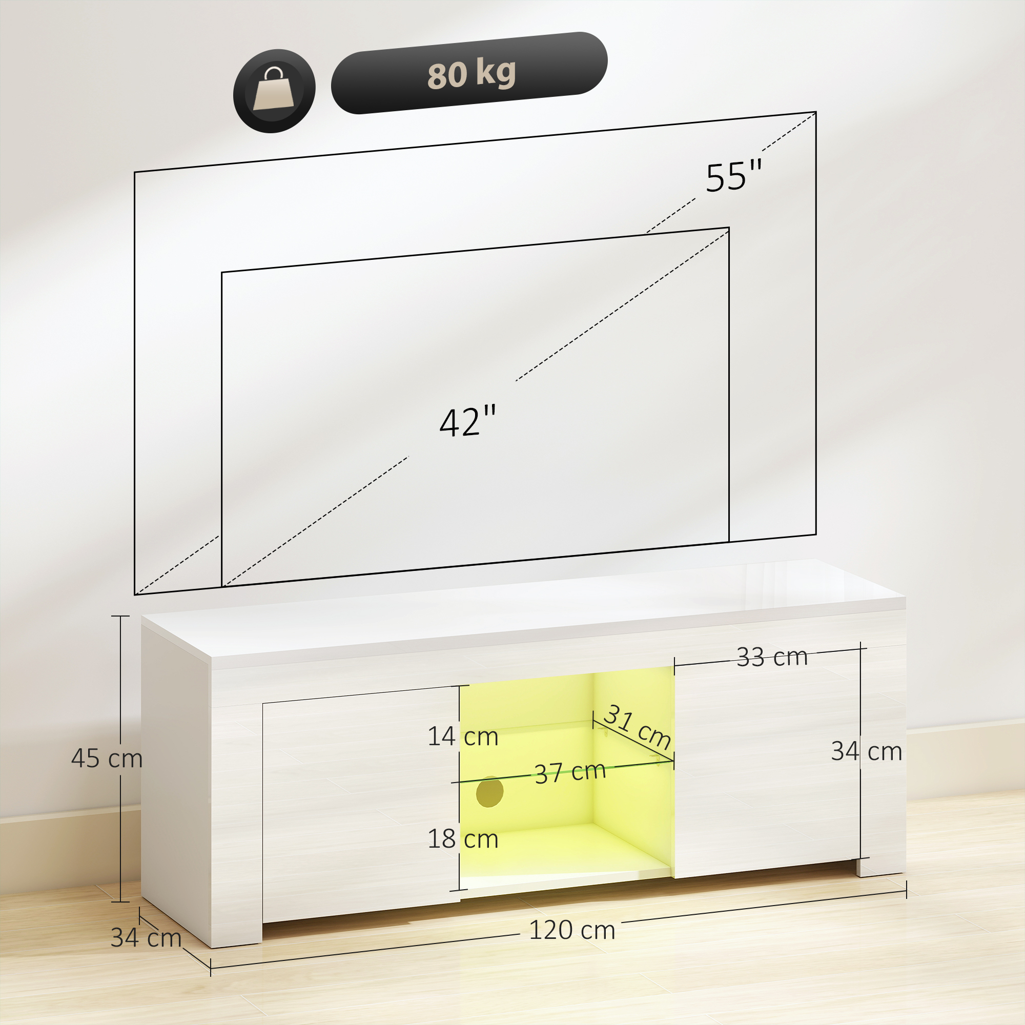 TV-Schrank mit LED-Beleuchtung, 2 Schranktüren, Glasregal, Kabellöcher, für Wohnzimmer, Spanplatte, Weiß