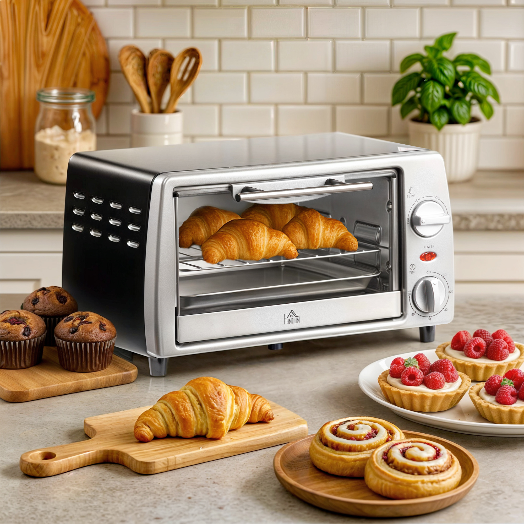 Mini Backofen 10 L 750W 100-230℃ 60 Min. Timer mit Backblech, Grillrost und Herausnehmbarer Bodenschale, Pizza-Ofen Silber
