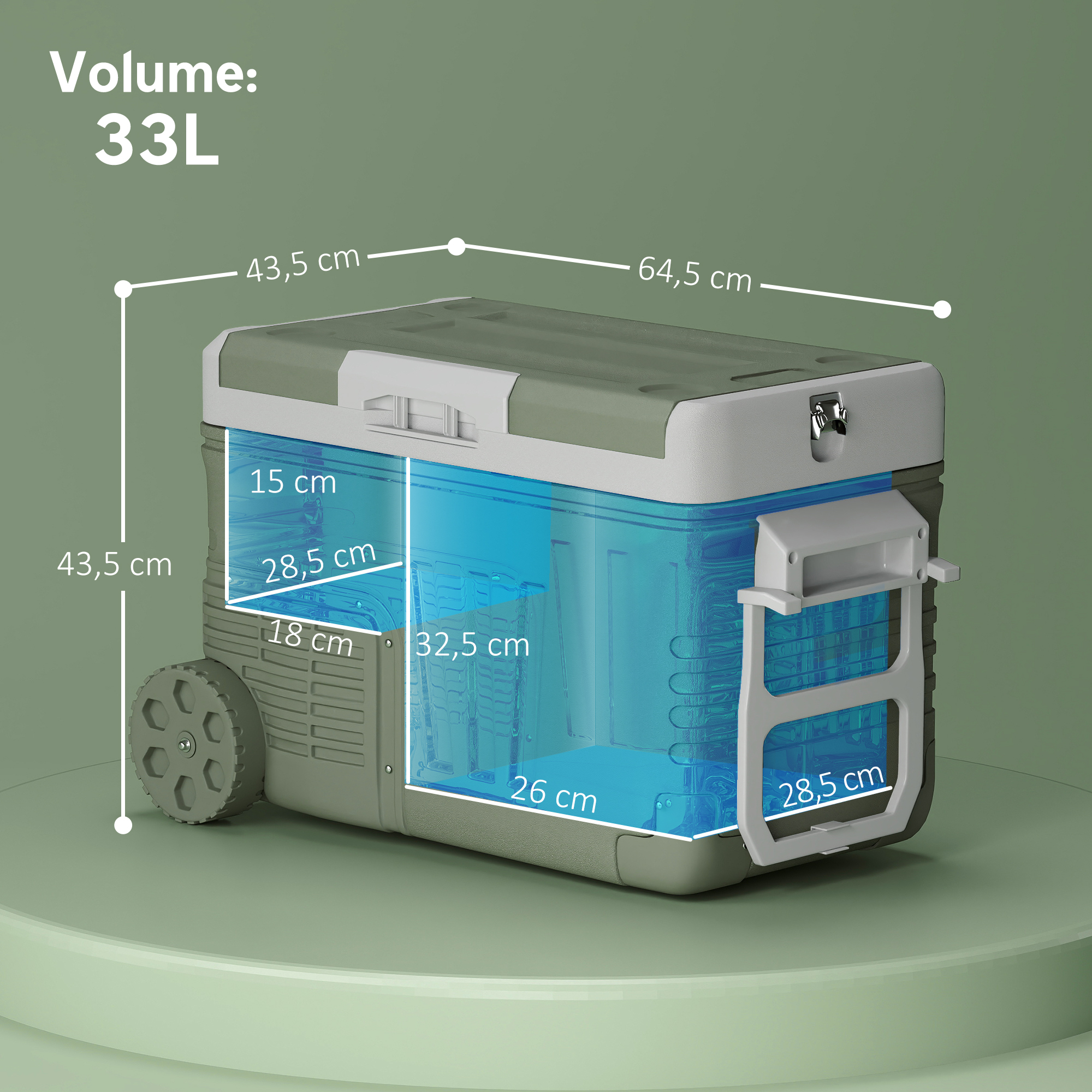 33 L Campingkühlschrank, Reisekühlbox, tragbarer Autokühlschrank mit 2 Fächern und Rädern, Kunststoff, Grün