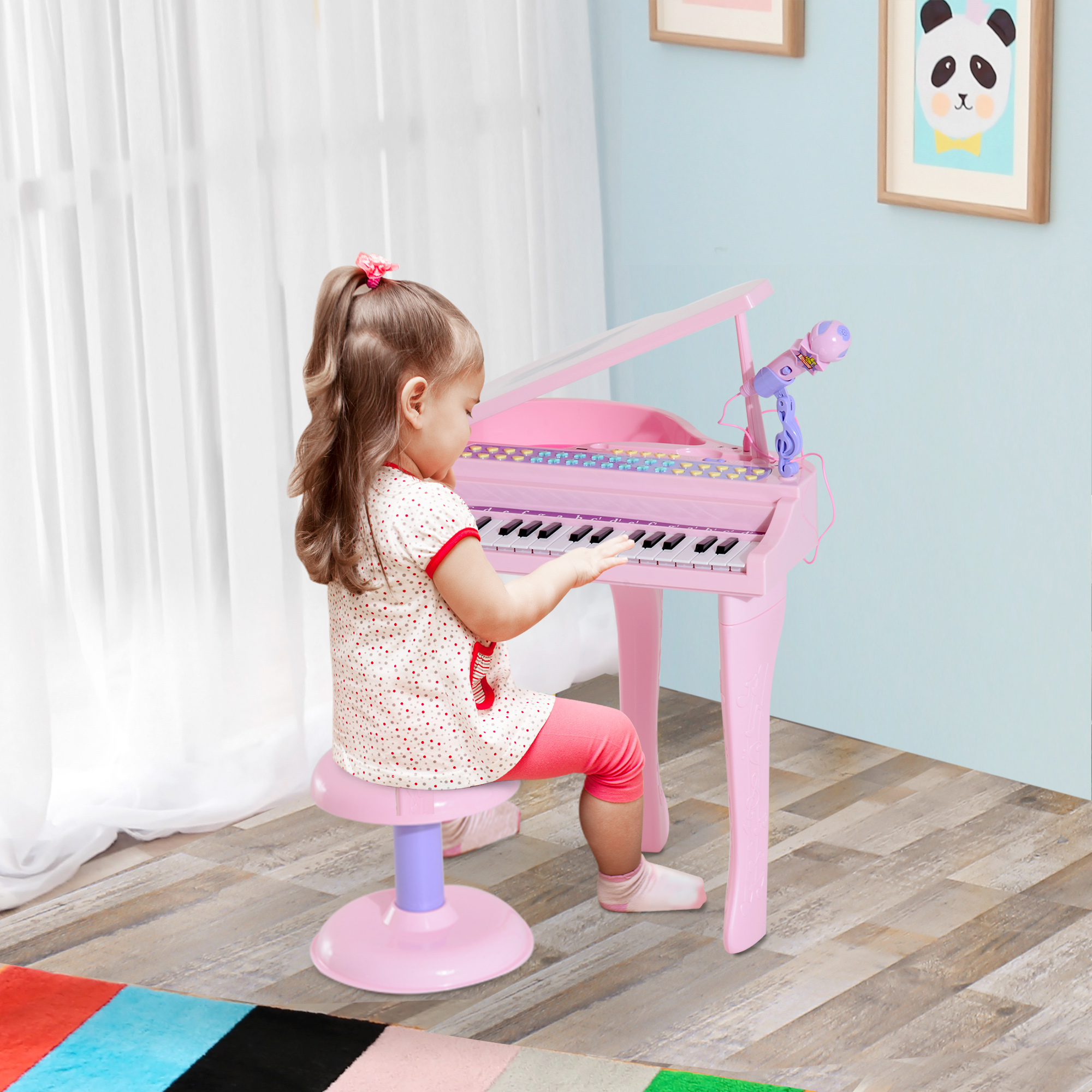 Keyboard Kinder mit 37 Tasten, Hocker Klavier mit Mikrofon, LED-Lehrmodus, Aufnahme, Piano Musikinstrument für 3-6 Jahre Kinder Rosa