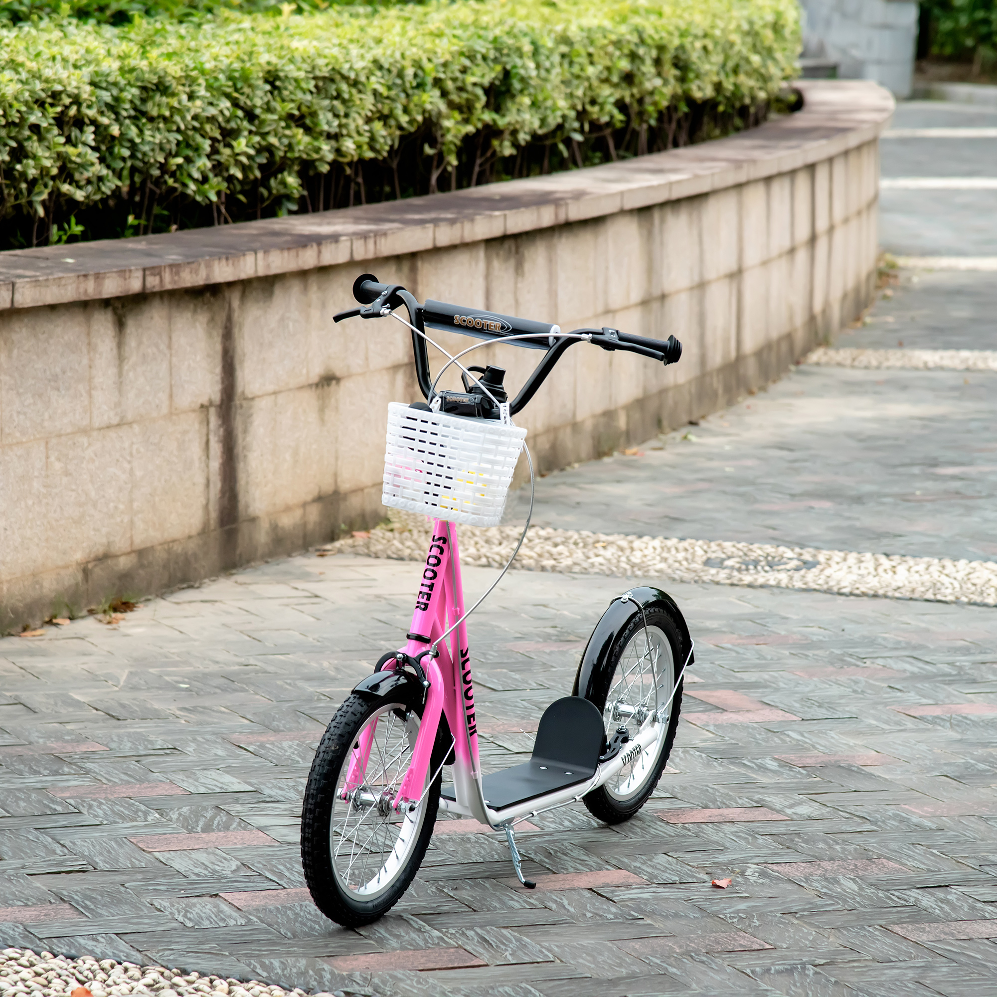 Kinderroller Tretroller mit Bremse, inkl. Korb, höhenverstellbar, für Kinder von 5 bis 12 Jahren, Weiß + Pink