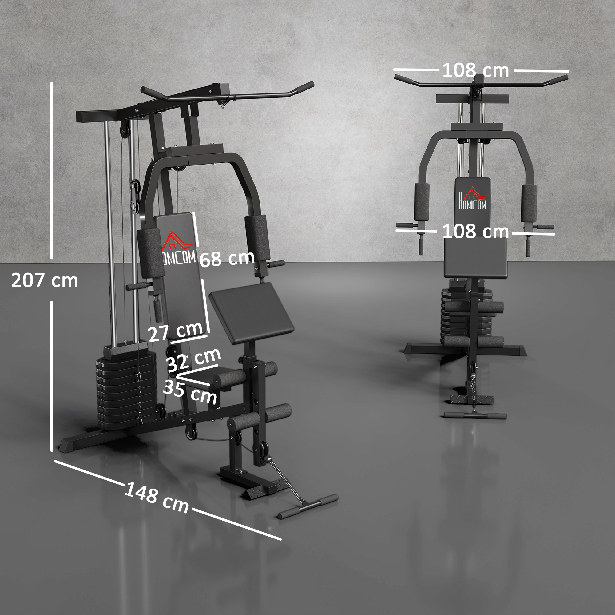 Kraftstation für Zuhause Fitnessstation mit Latzuggerät, Kabelzug, kurzer Bizepsstange, Brustpresse, Beintrainer, Butterfly-Maschine 45kg Gewichten Multifunktion Fitnessstation Schwarz