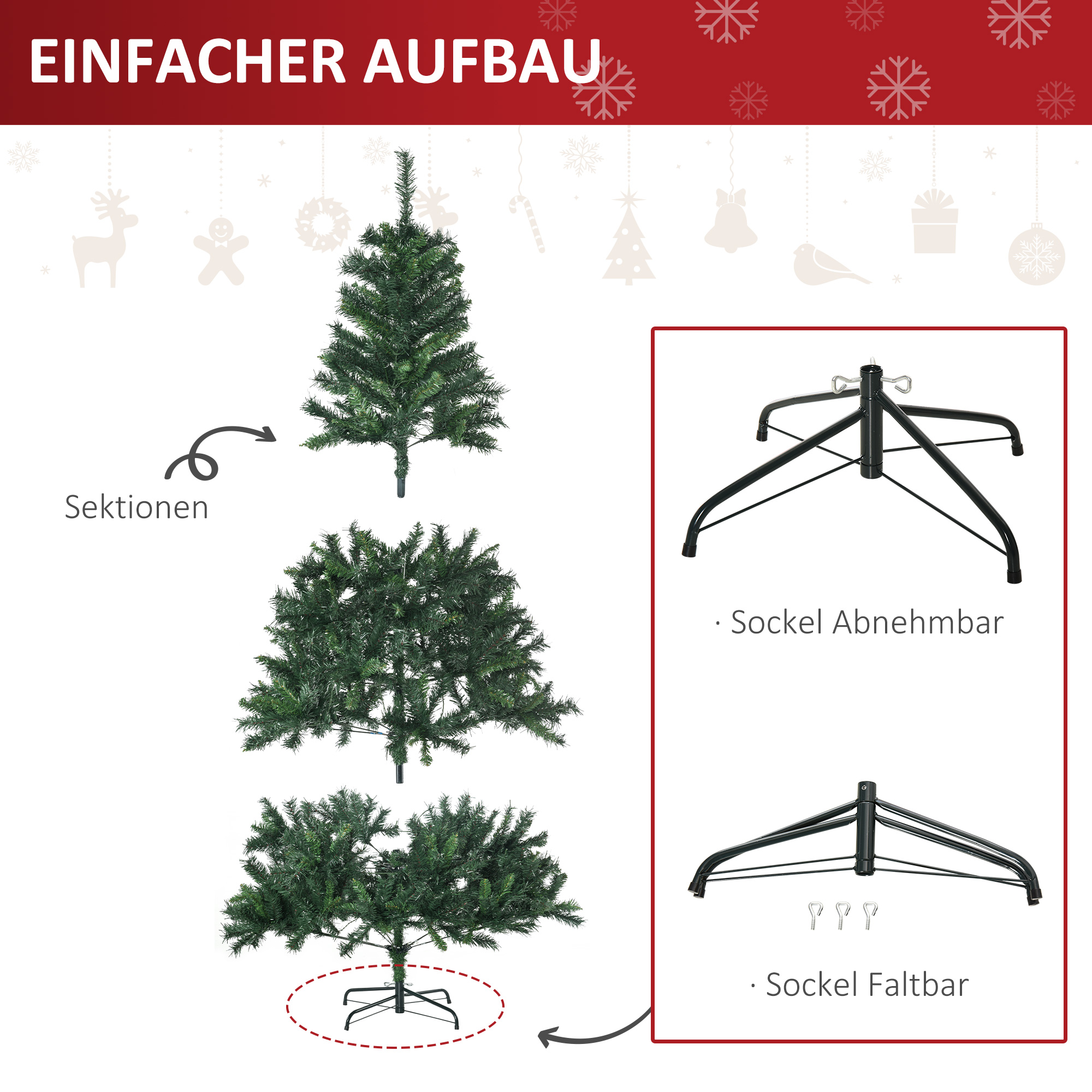 Weihnachtsbaum 180 cm künstlich Tannenbaum mit LED Beleuchtung, Kugeln, Christbaum mit 745 Spitzen, Weihnachtsdeko inkl, Metallständer für Drinnen