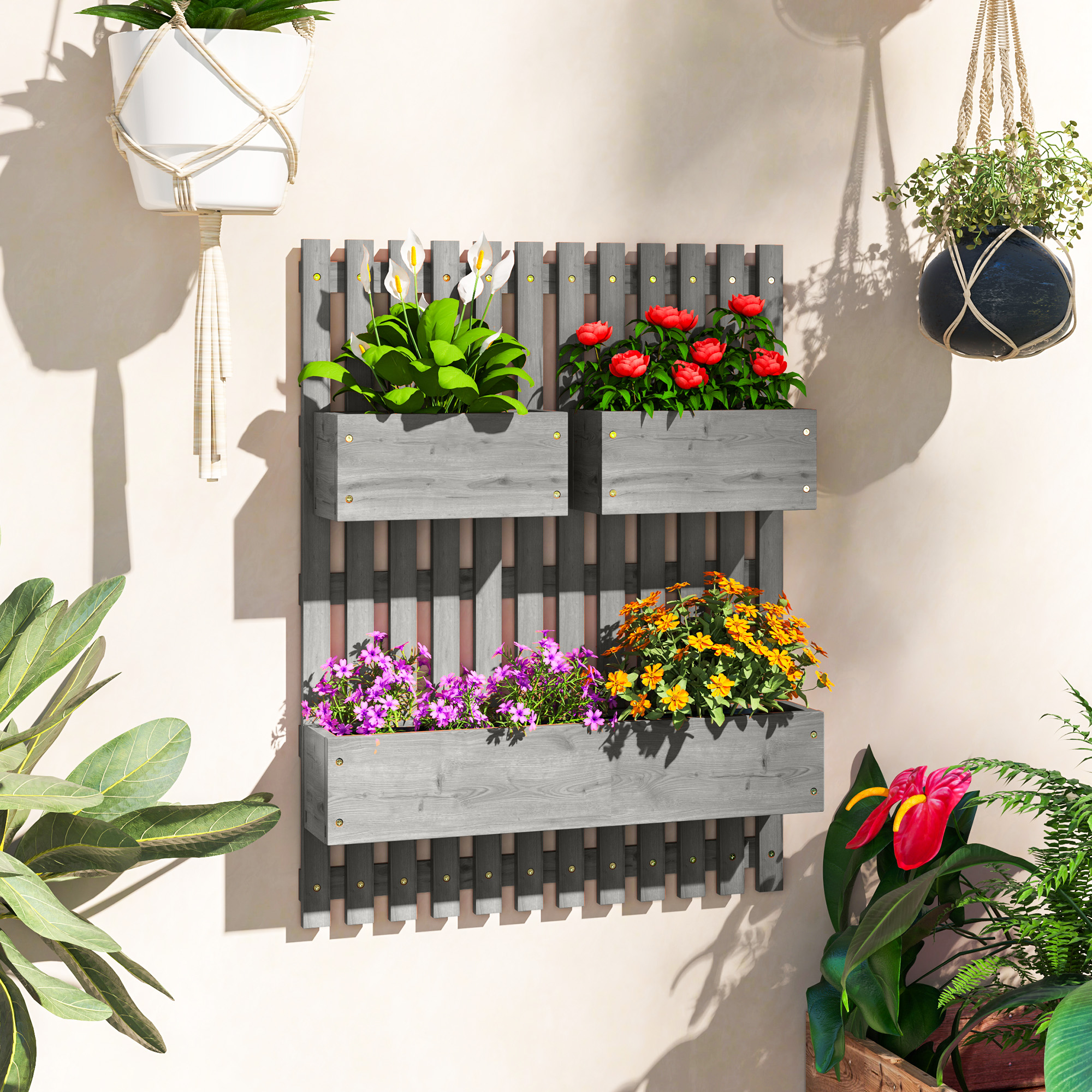 Blumenkasten-Set, Wandmontage, frei versetzbar, Massivholz, 60 x 16 x 80 cm
