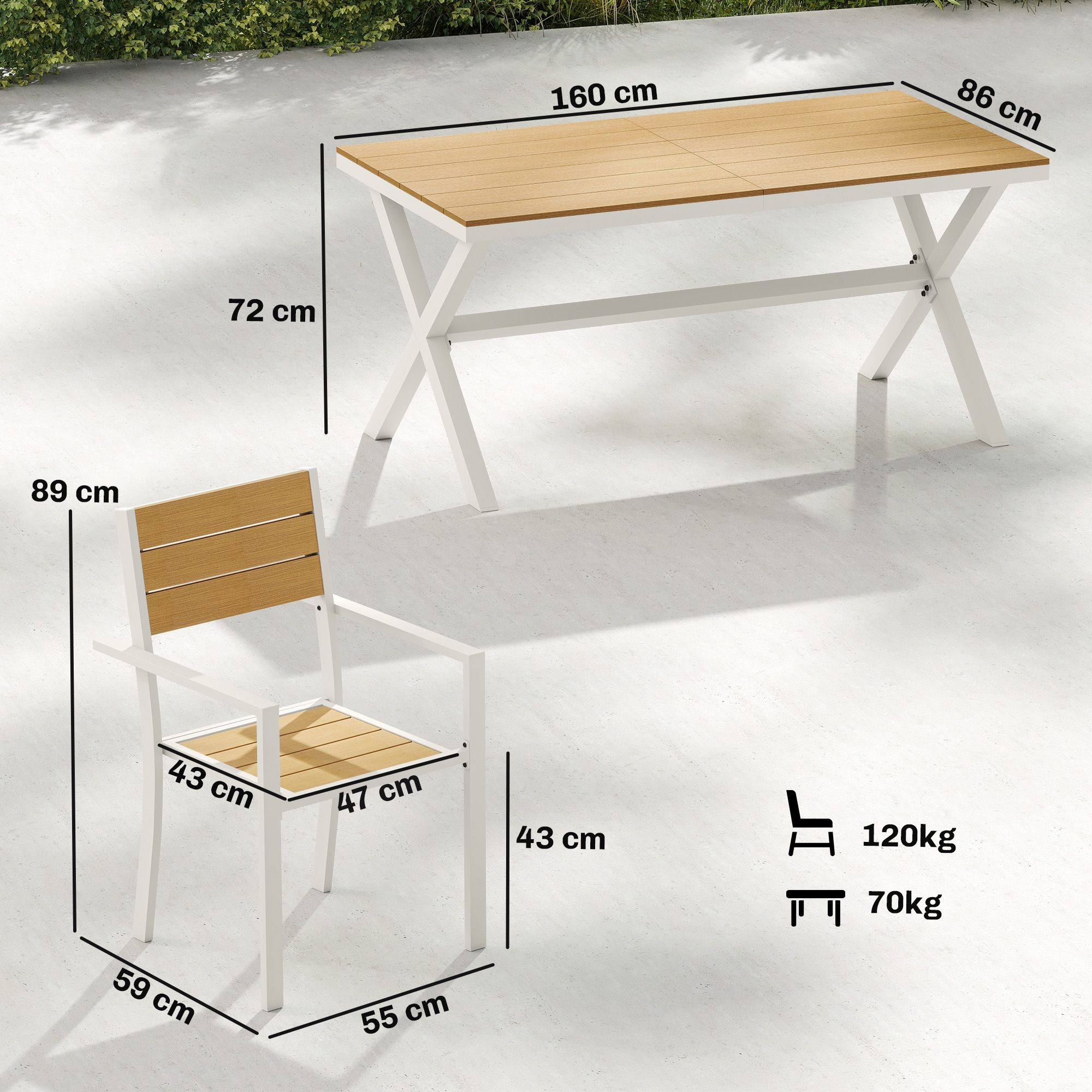 Gartenmöbel Set Sitzgruppe 7-teilig Tisch mit 6 stapelbare Stühlen Holzoptik Aluminiumrahmen Teak