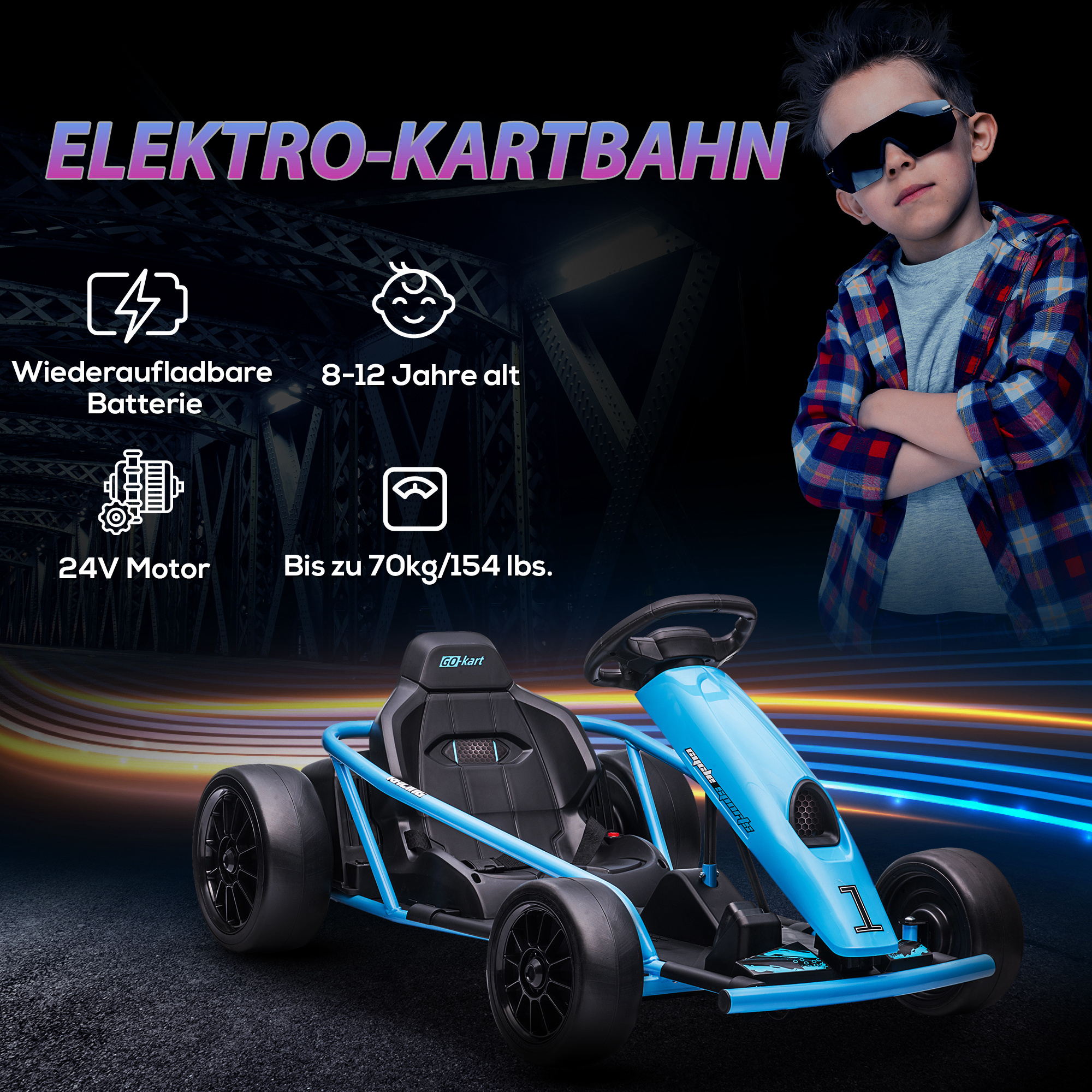 Elektro-Gokart für Kinder, Drift-Funktion, Hupe, Musik, Sicherheitsgurt, Soft-Start, Blau/Schwarz