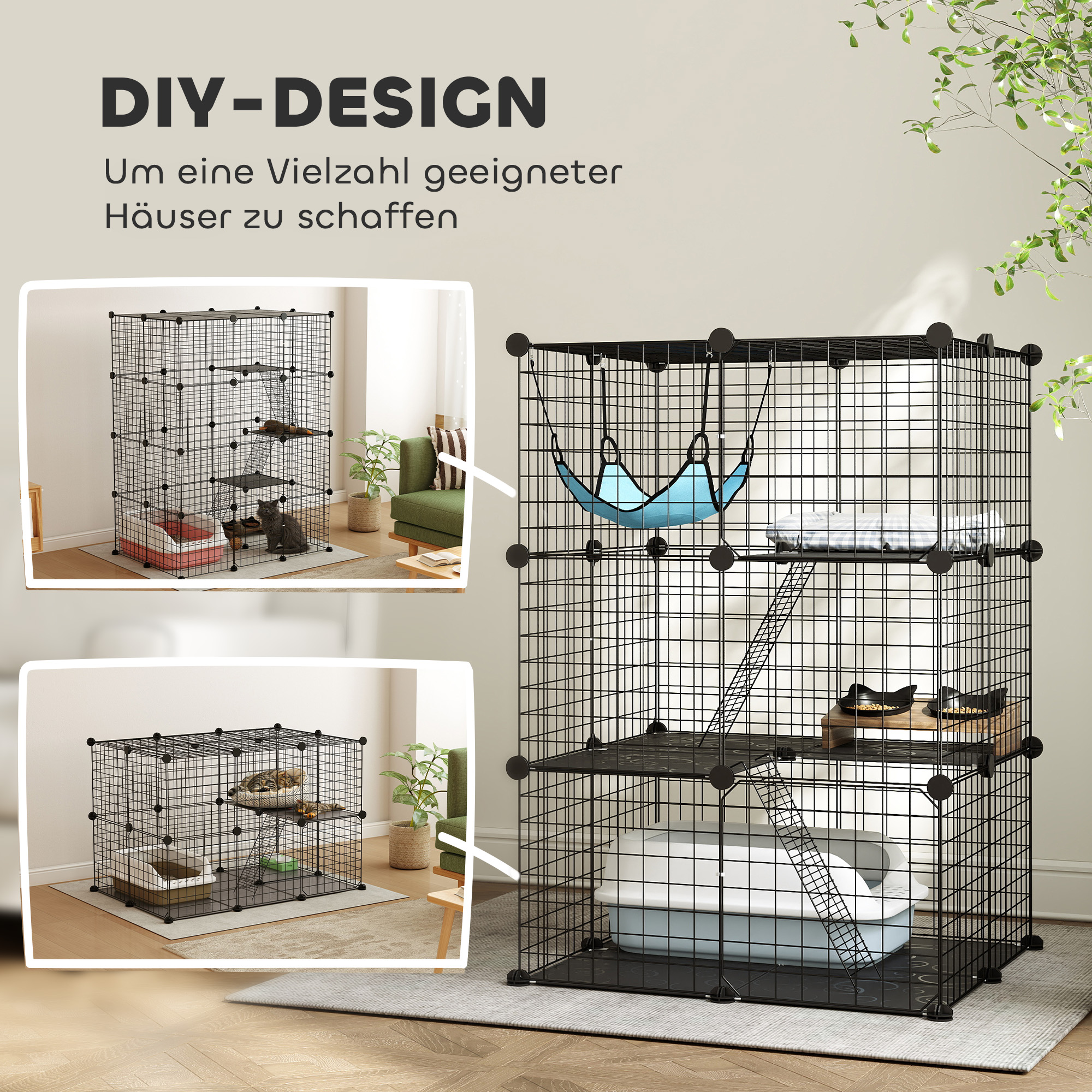 Indoor Katzenkäfig 105 cm, Stahl-Katzengehege mit 3 Türen, DIY-anpassbares Design für Kätzchen unter 4kg
