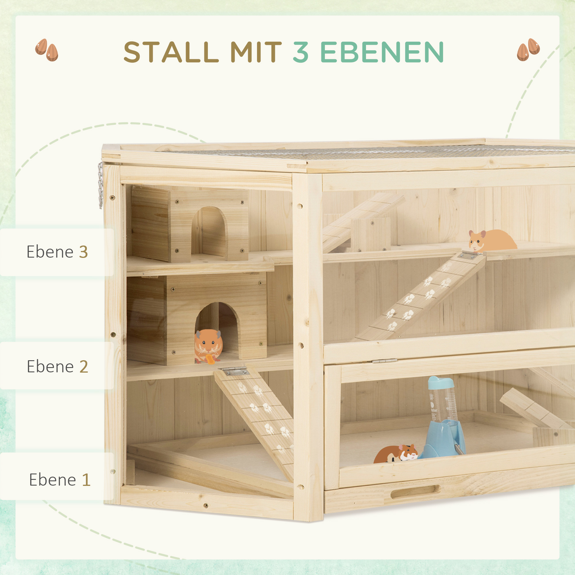 Kleintierkäfig, Nagerkäfig, Nagerheim mit  1 Rampe, 1 Wippe, herausnehmbare Bodenwanne, Tannenholz, Natur