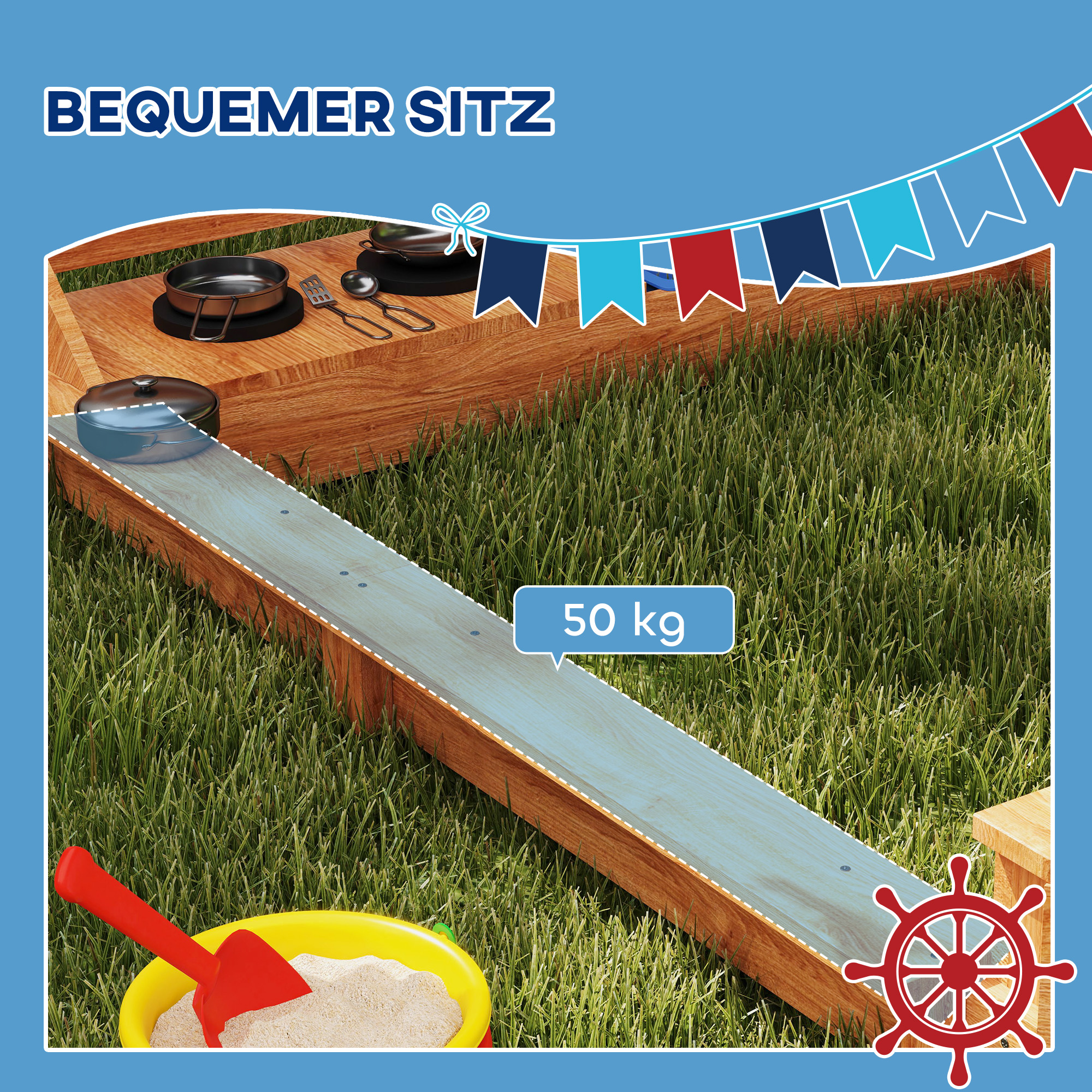 Sandkasten mit Sonnendach Piratenschiff, inkl. Kinderküchenspielset, Massivholz, 180 x 103 x 144,5 cm, Grün