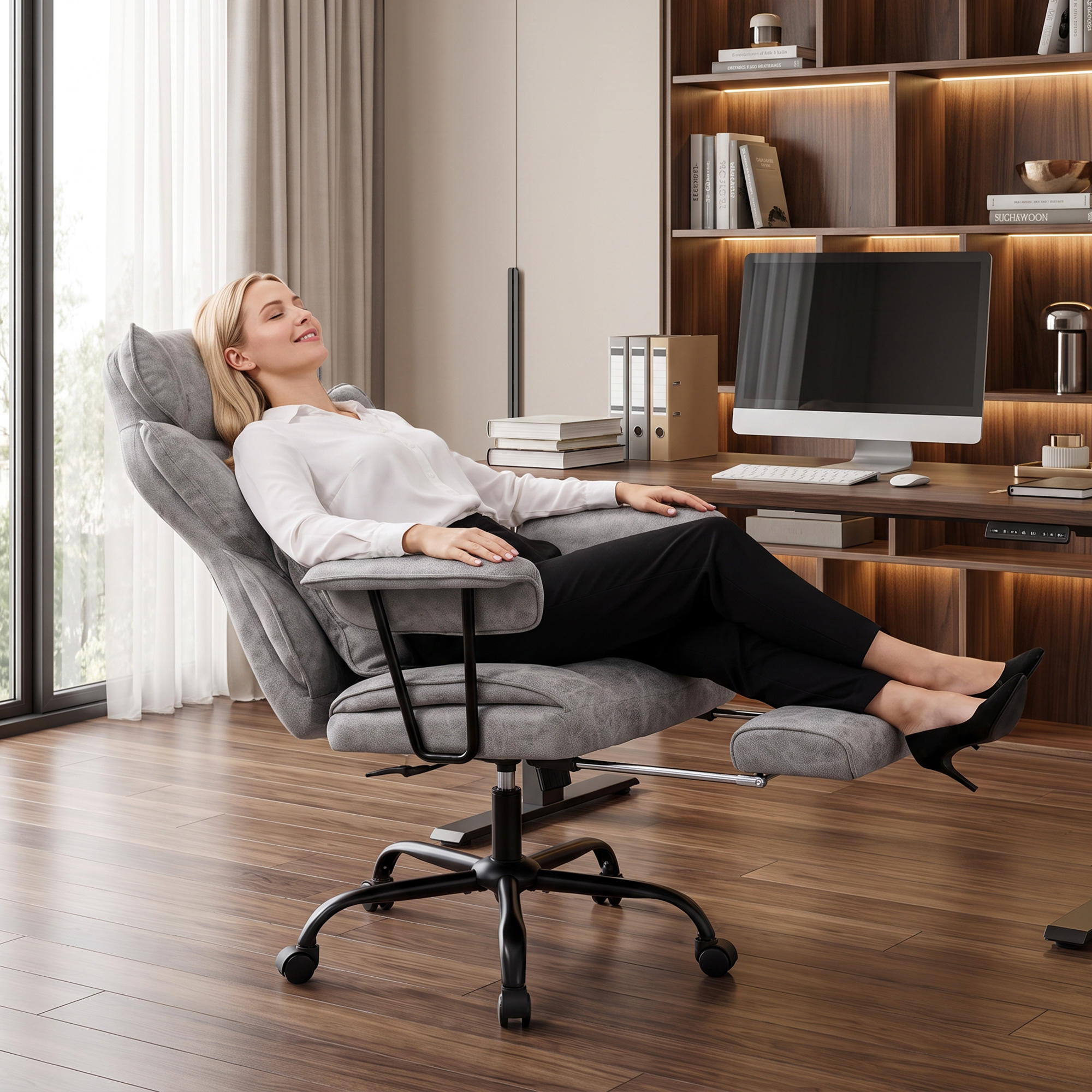 Bürostuhl mit 6-Punkt-Massage und Wärme, Schreibtischstuhl mit Fußstütze, Lendenstütze und breiter Sitzfläche, Grau