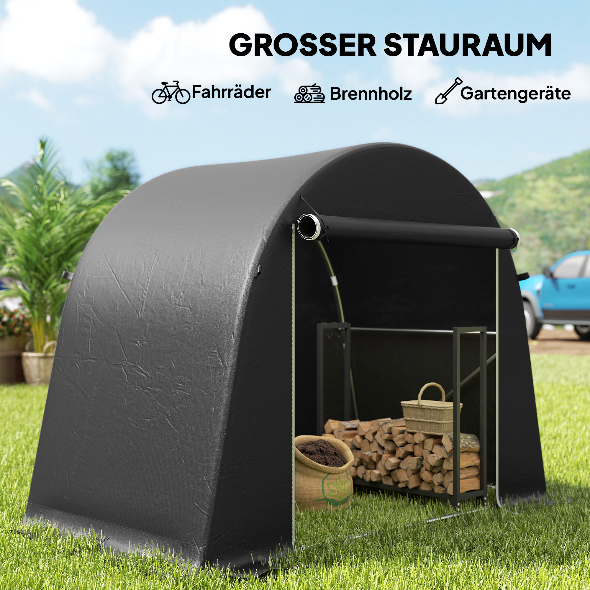 Tragbarer Gartenschuppen, Fahrradzelt, Rolltür mit Reißverschluss, Metallrahmen, vielseitige Aufbewahrung, Kunststoff-Abdeckung, Dunkelgrau