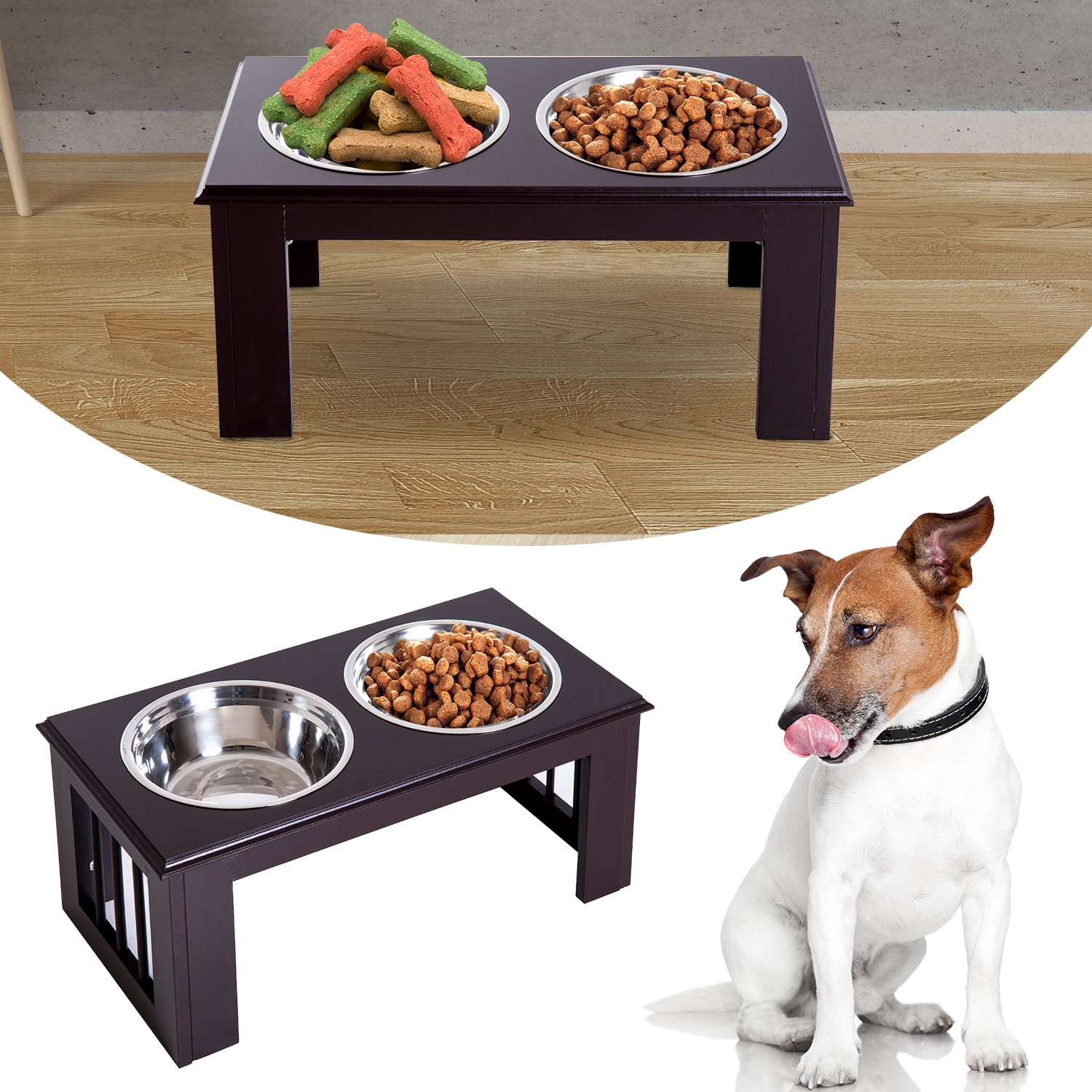 Hunde-Futterstation, rutschfest, 58,4 x 30,5 x 25,4cm, Grau, 2L pro Napf