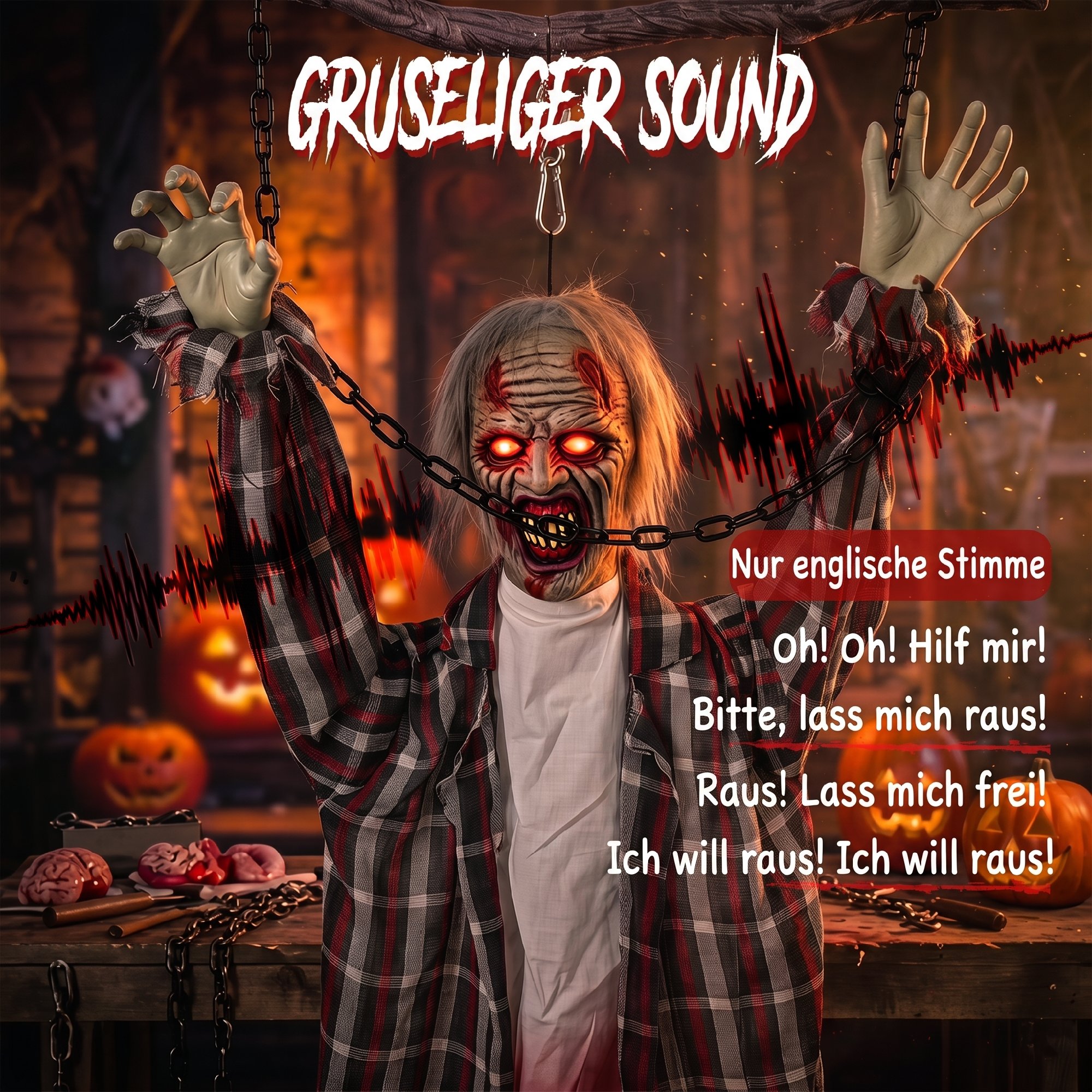 110 cm animierte hängende Halloween-Deko, schreiender Zombie, Sound- & Berührungsaktivierung, rote LED-Augen