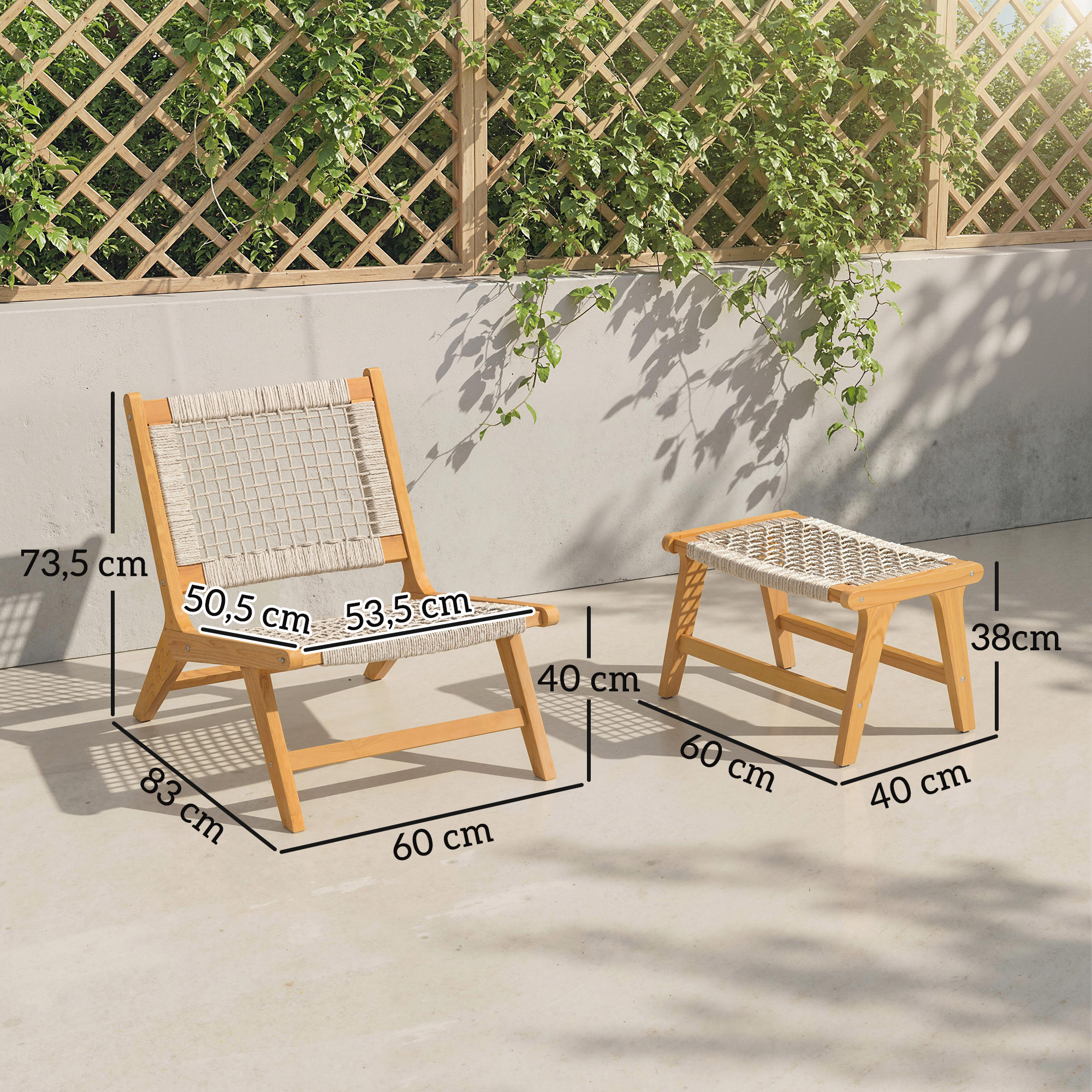 Gartensessel mit Hocker 2-teilig FSC Akazienholz Outdoor Loungesessel mit Rattan-Sitz Boho-Stil verstellbare Füße