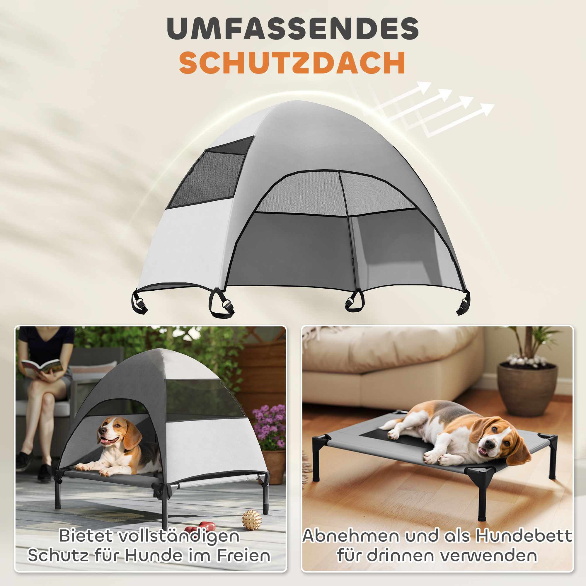 Hundeliege Outdoor mit Dach, erhöhtes Hundebett für Mittelgroße Hunde, 76 x 61 x 71cm, Hellgrau