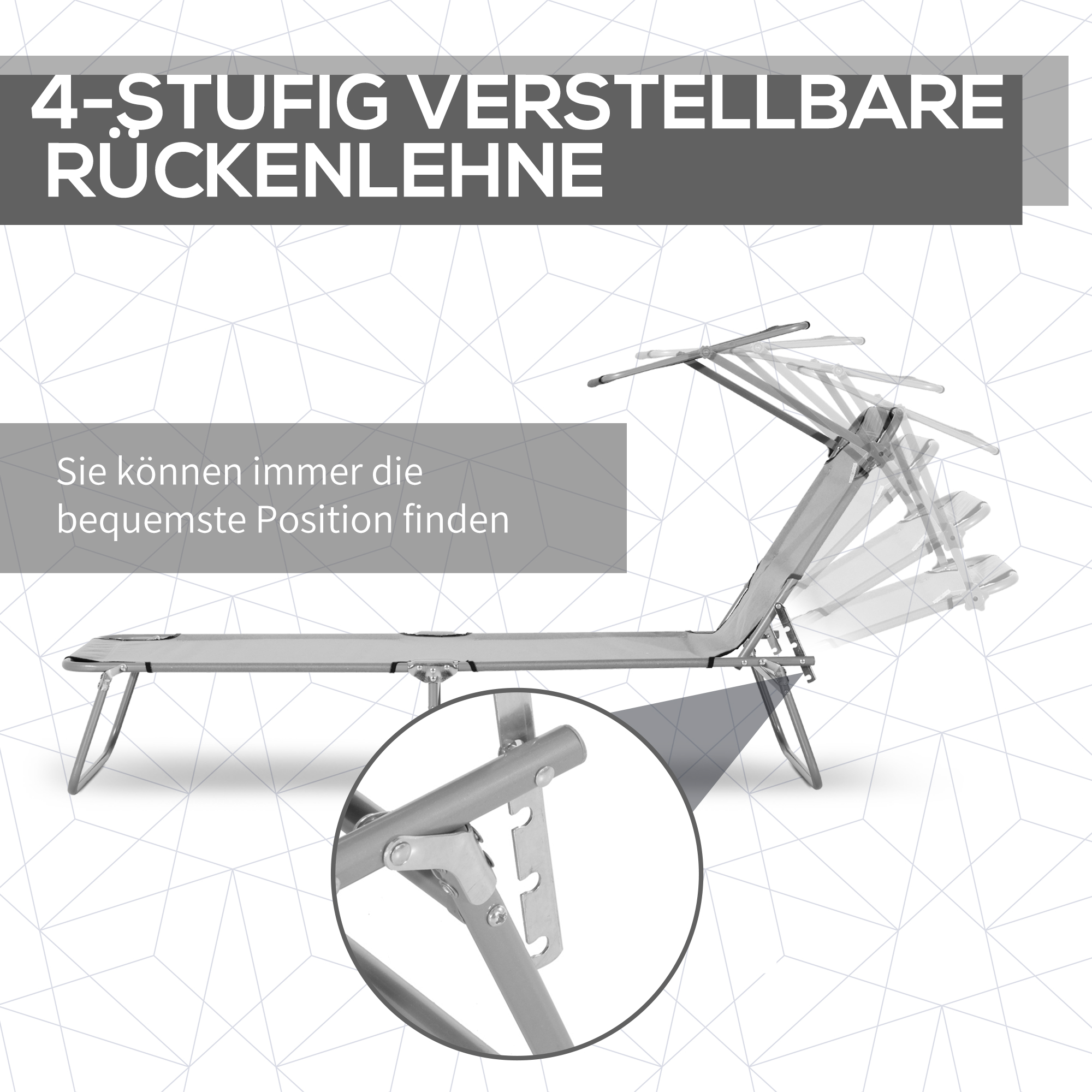 Sonnenliege, Gartenliege, Wellnessliege, Strandliege, klappbar, mit Sonnenschutz, 187 x 58 x 36 cm, Grau