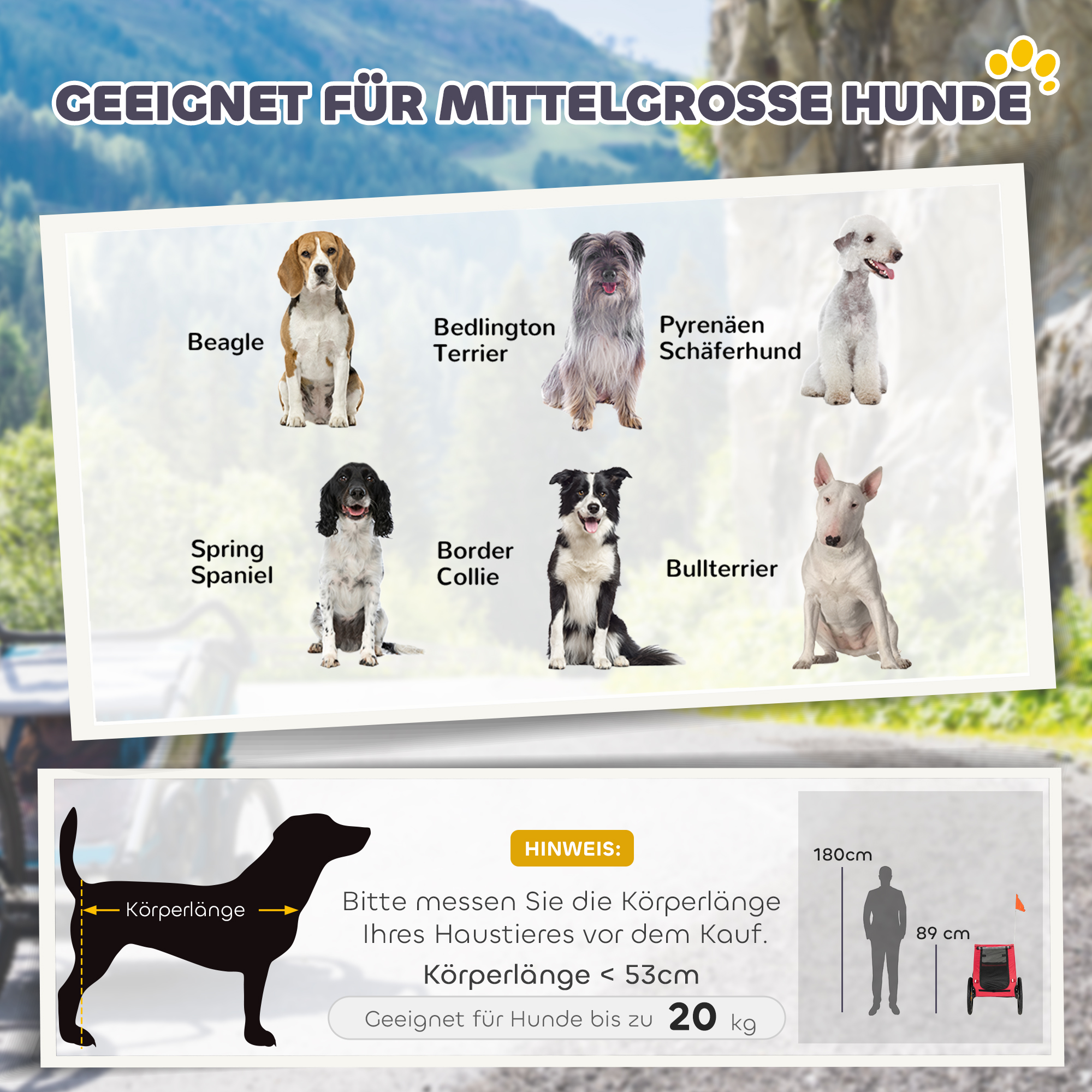 Hundeanhänger Faltbar mit Reflektoren Mesh-Fenster Rädern Tür Sicherheitsflagge für Hunde bis 20 kg 138x70x89 cm Rot