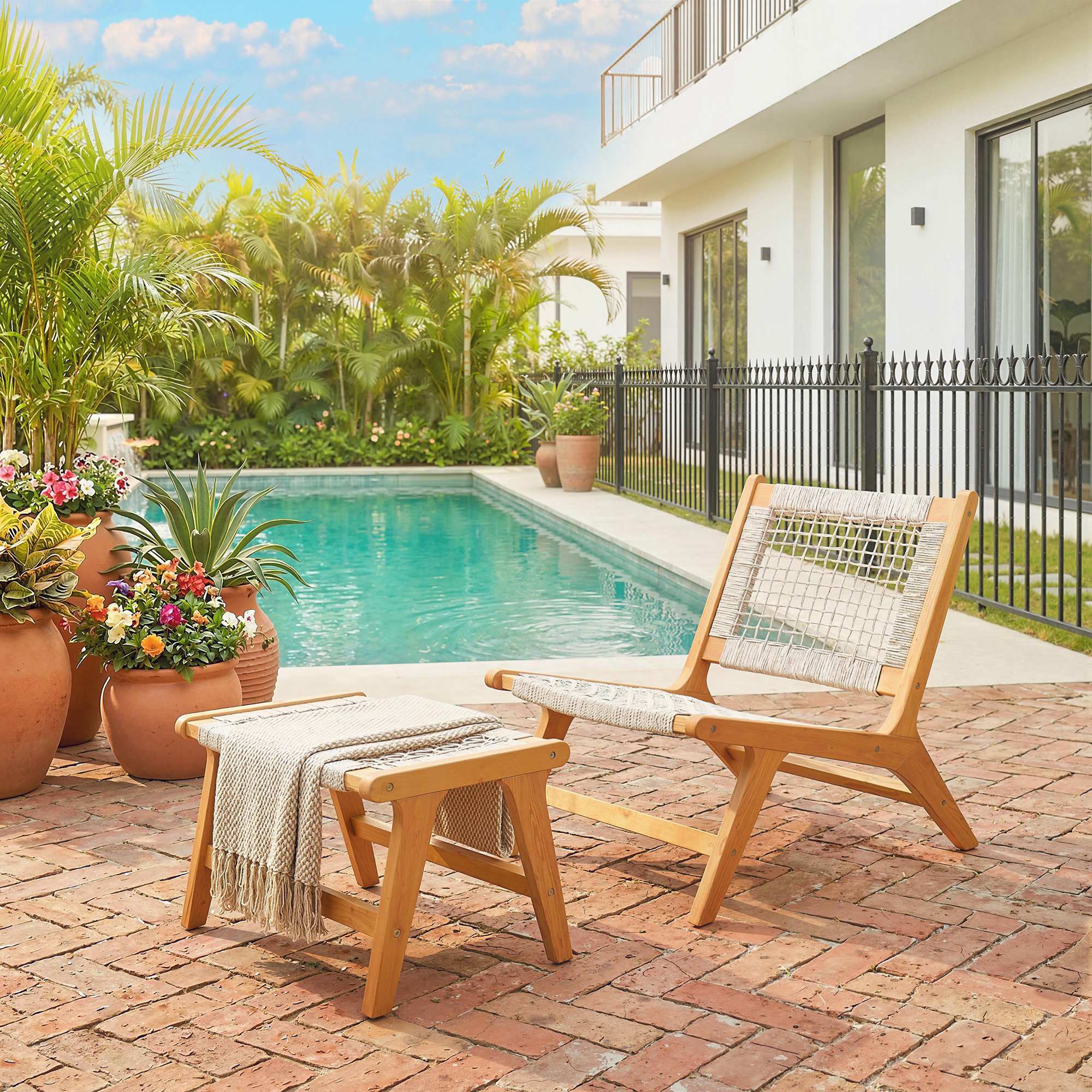 Gartensessel mit Hocker 2-teilig FSC Akazienholz Outdoor Loungesessel mit Rattan-Sitz Boho-Stil verstellbare Füße