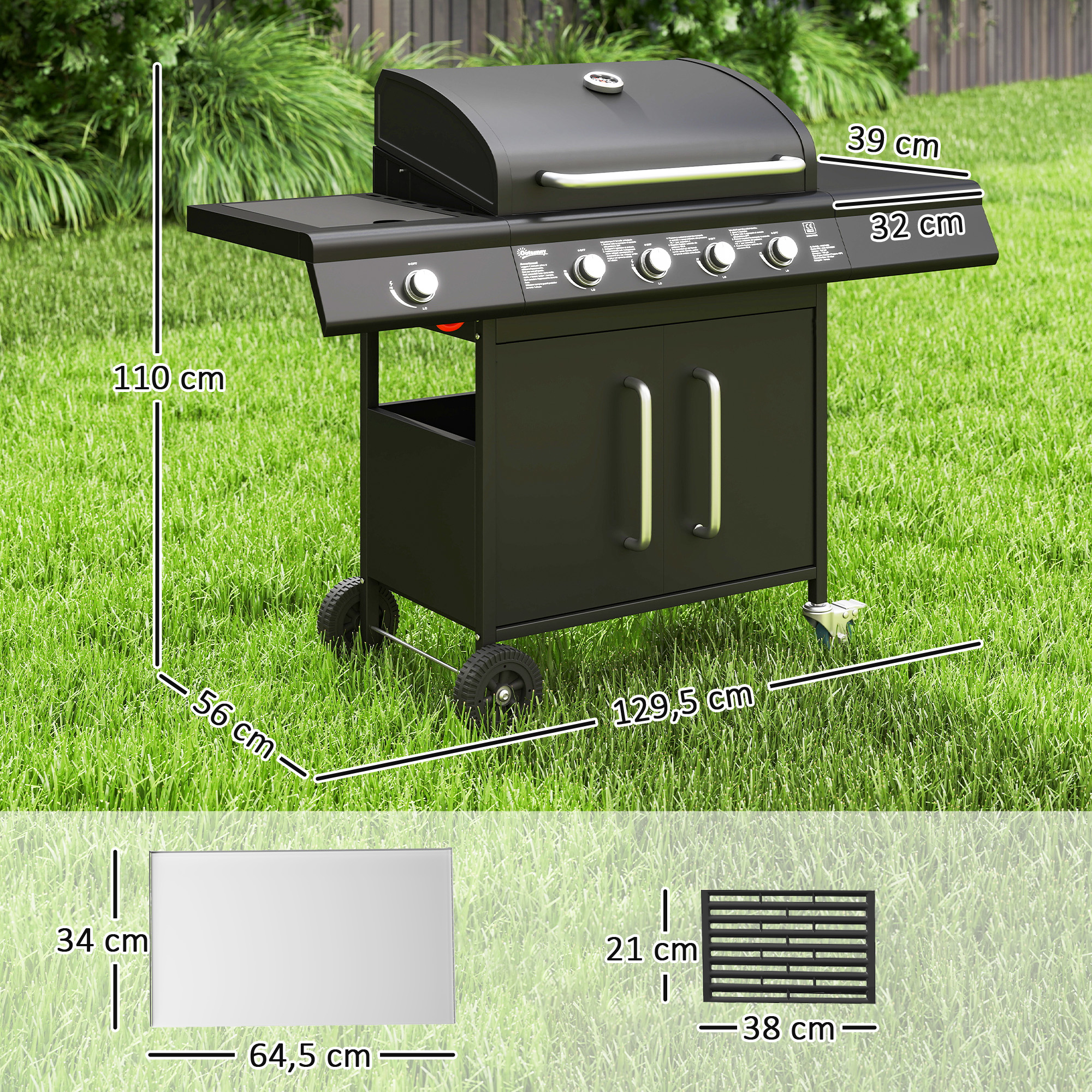 Gasgrill 15,2 KW Grillwagen inkl 5 Edelstahl-Brenner Rolle Seitenkocher 129,5 x 56 x 110 cm Schwarz