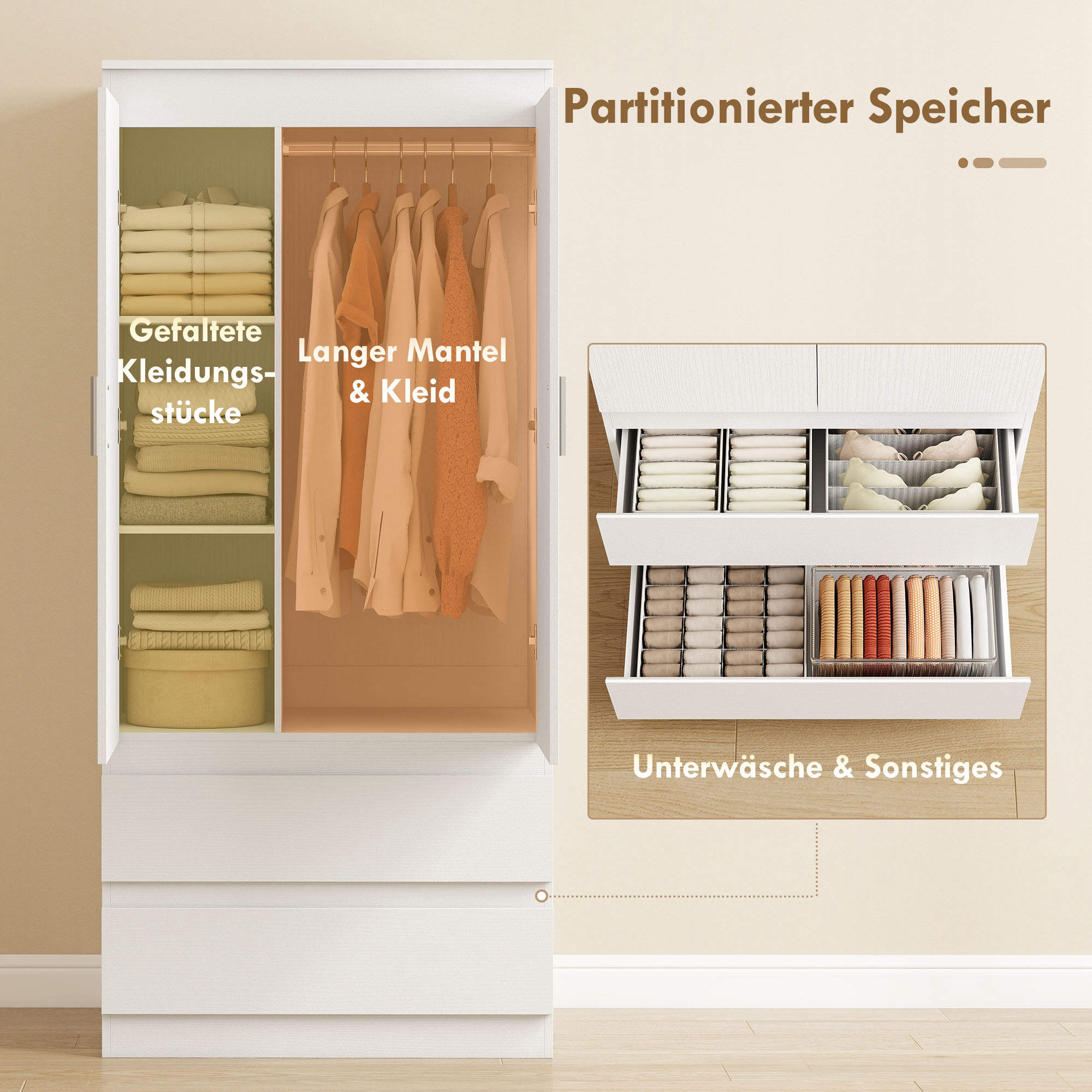 Schlafzimmer-Garderobe mit 2 Türen, 2 Schubladen, 3 Fächer, Holz, Weiß