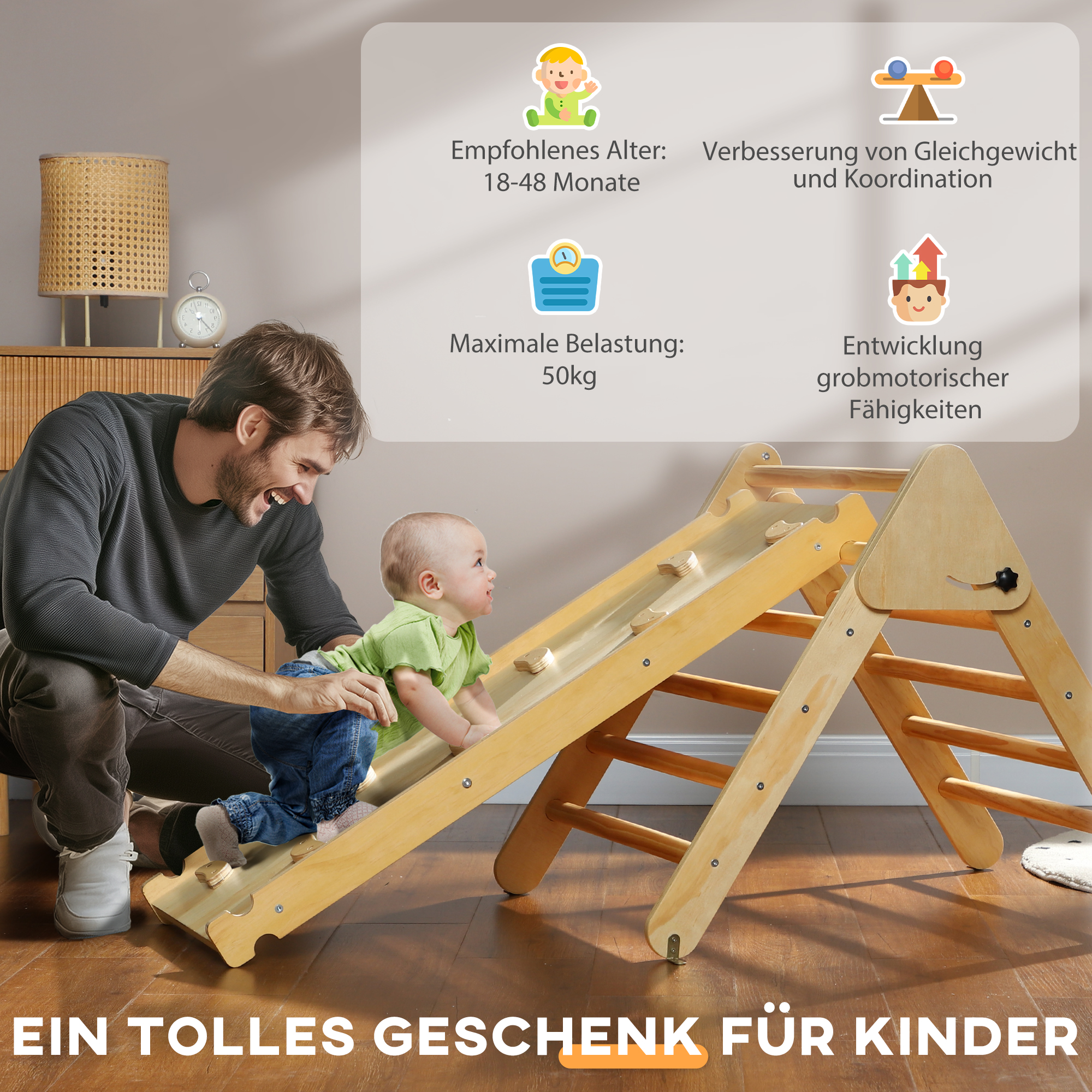 Kinder-Kletterset aus Holz mit Dreiecks-Leiter und zweiseitiger Rampe, für Kinder im Alter von 18-48 Monaten