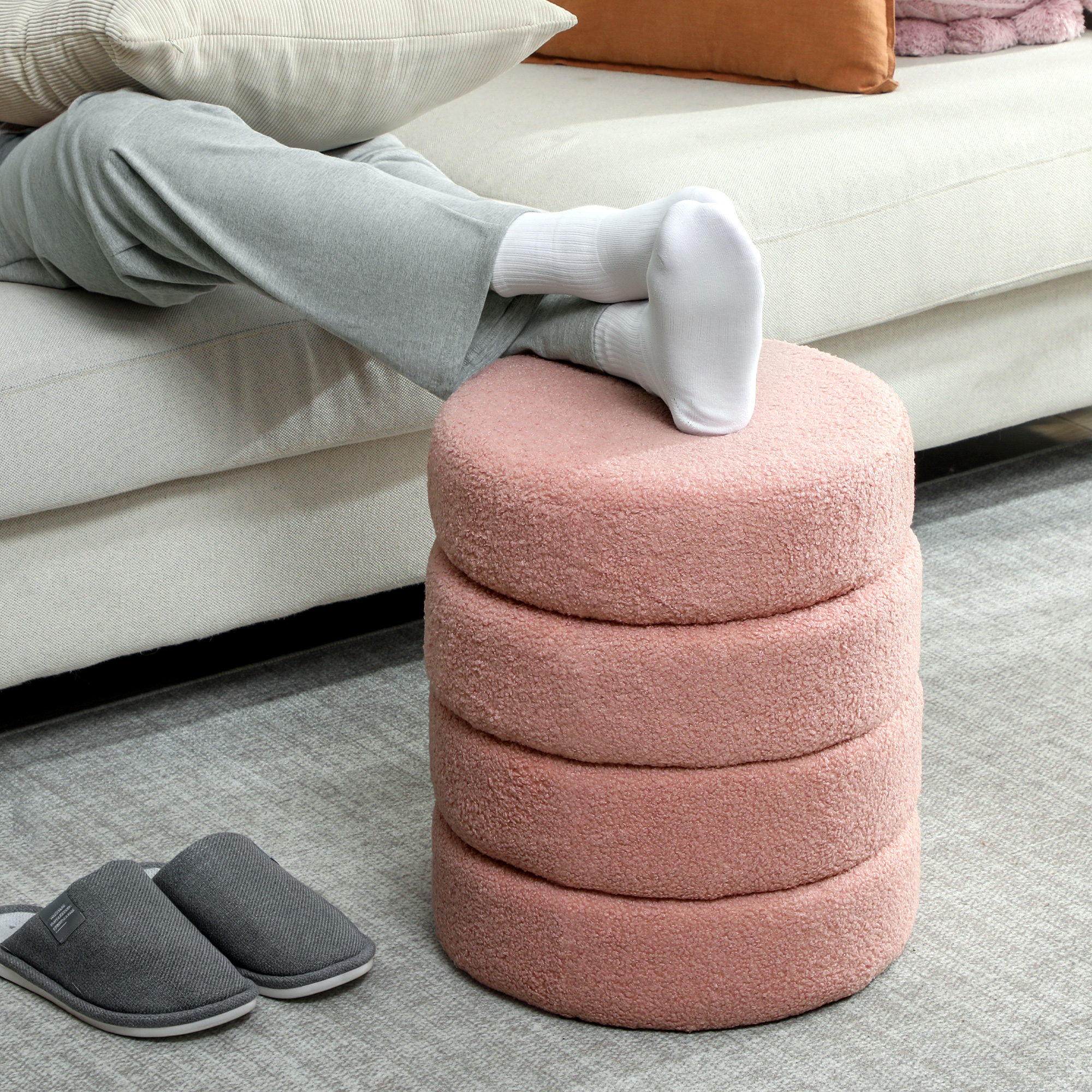 Hocker, rund, Teddyfleece, bis 120kg, ?40x45H cm, Rosa