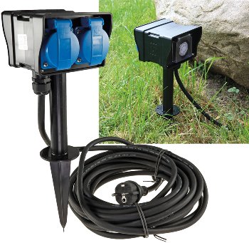 Gartensteckdose mit Erdspieß, 2-fach, IP44, 10m Kabel, Zeitschaltuhr