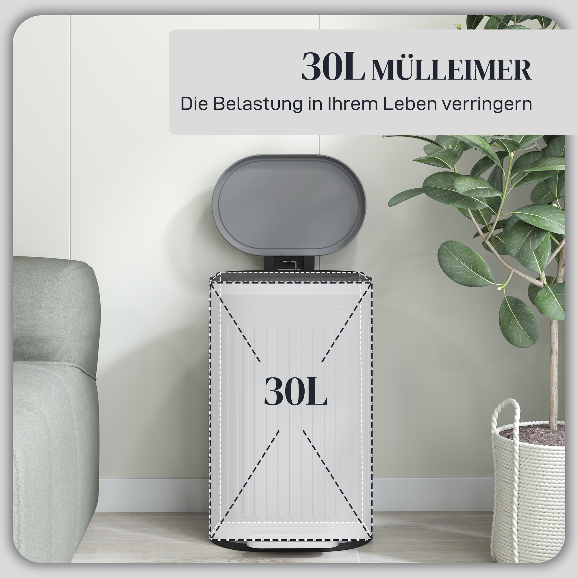 Mülleimer 30L Treteimer mit Deckel Fußpedal herausnehmbarem Inneneimer Soft-Close-Funktion 36,5 x 31,2 x 60,8 cm, Grau