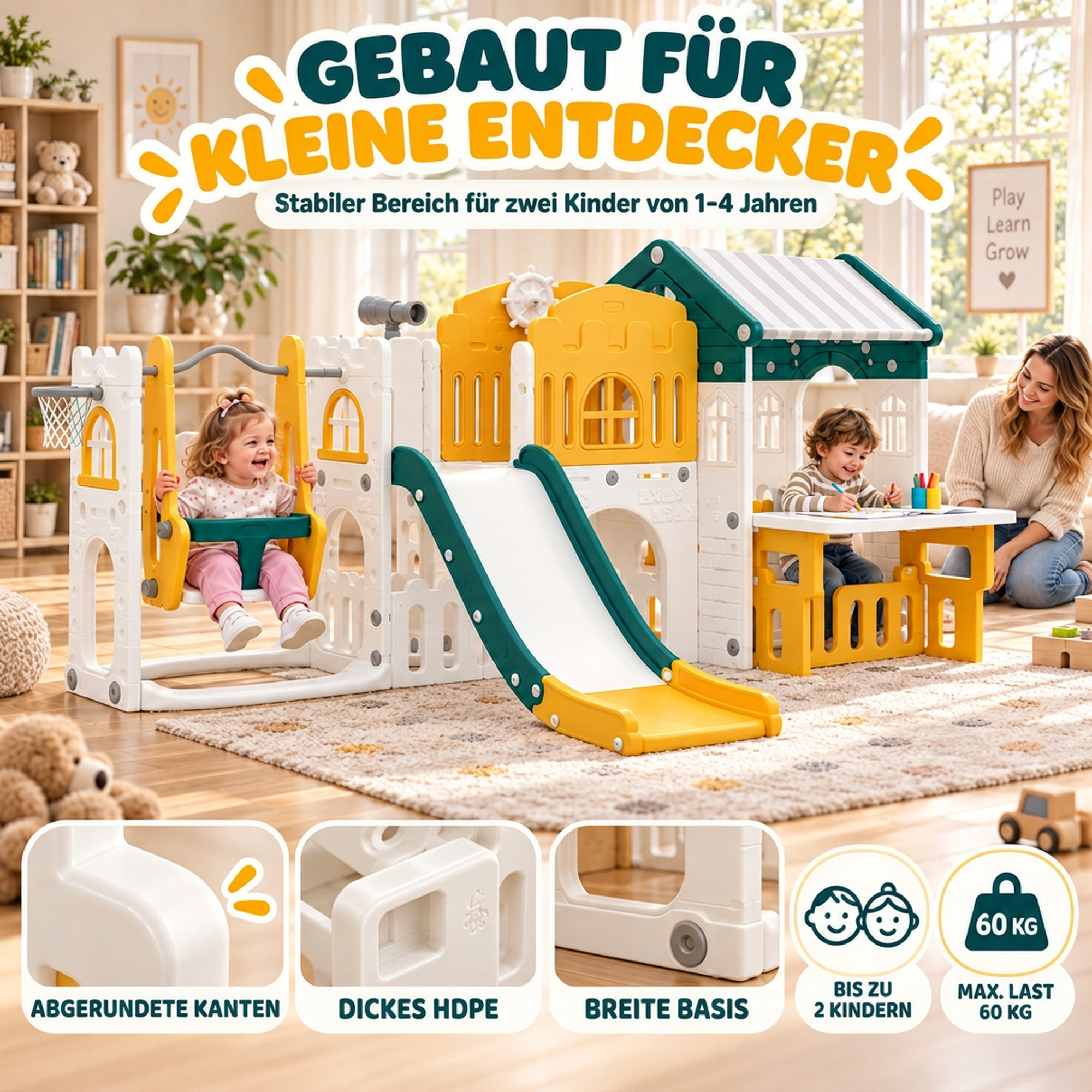 11 in 1 Kinderrutsche mit Schaukel Spielhaus Gartenrutsche mit Tunnel Basketballkorb Fernrohr Lenkrad Maltafel