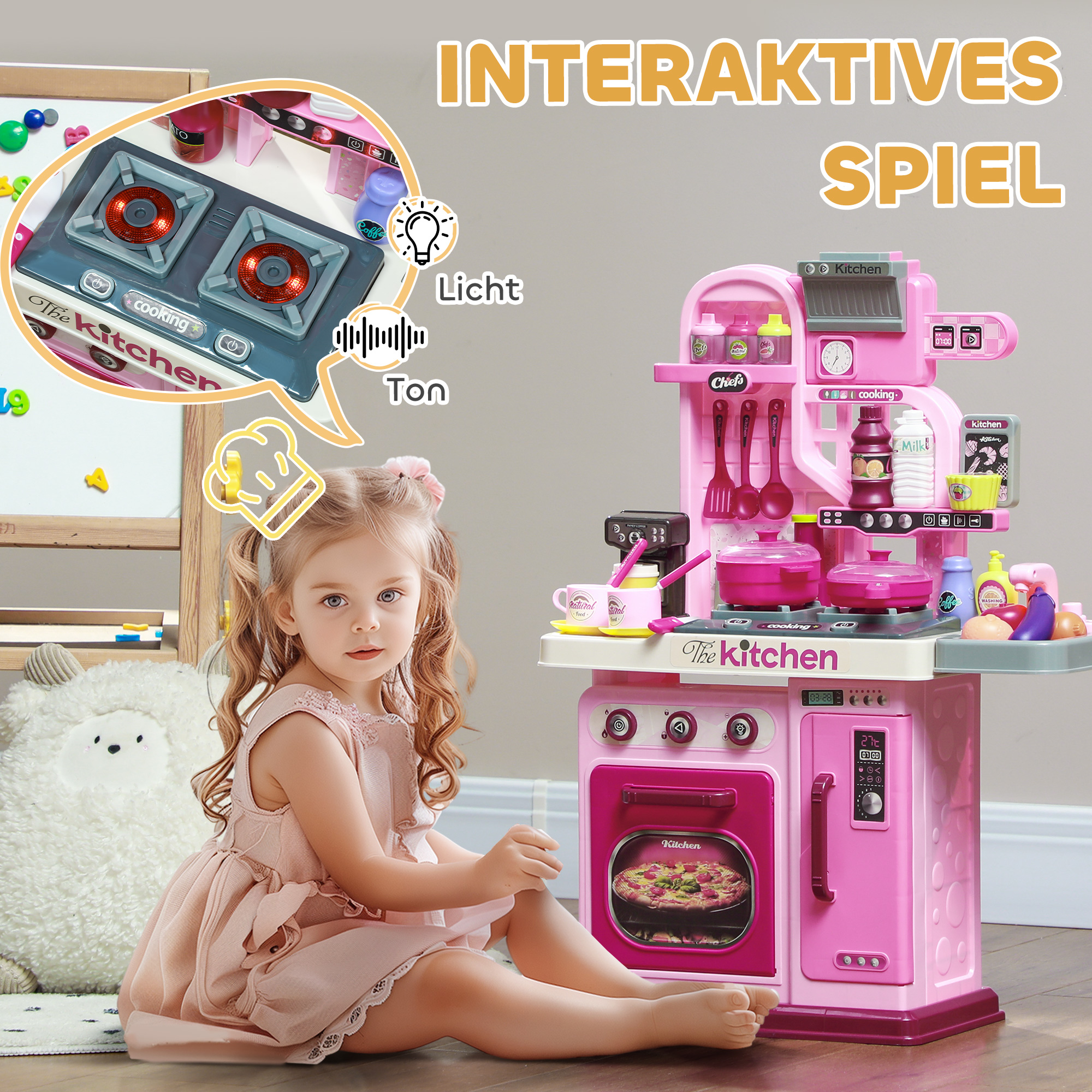 Spielküche, 33-teiliges Set, Licht- & Soundeffekte, für Kinder 3-6 Jahre, Pink