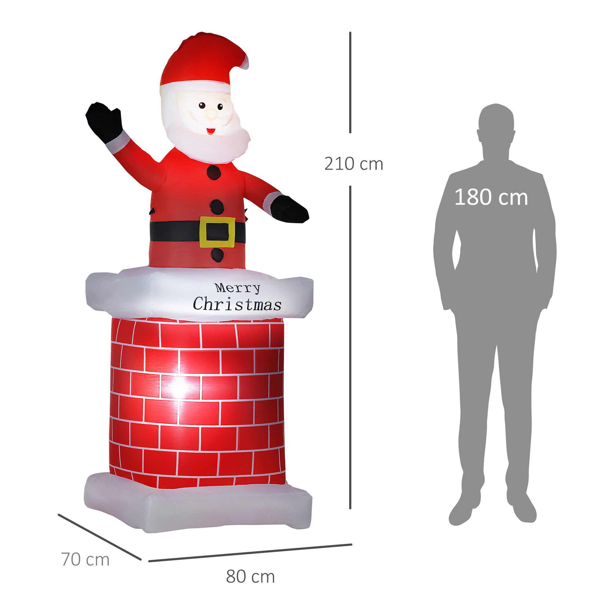 Aufblasbarer Weihnachtsmann mit Schornstein, LED-Beleuchtung, integriertes Gebläse, 80 x 70 x 210 cm