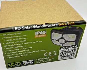 LED Solar Wandleuchte "SWL 722" / PIR Bewegungsmelder, 72 LEDs, IP65