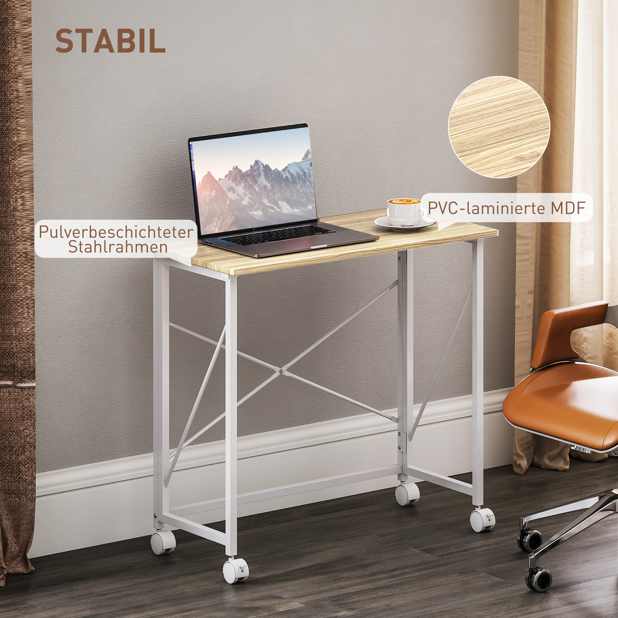 Klappbarer Schreibtisch mit Rädern, platzsparend, Stahl, MDF, Natur