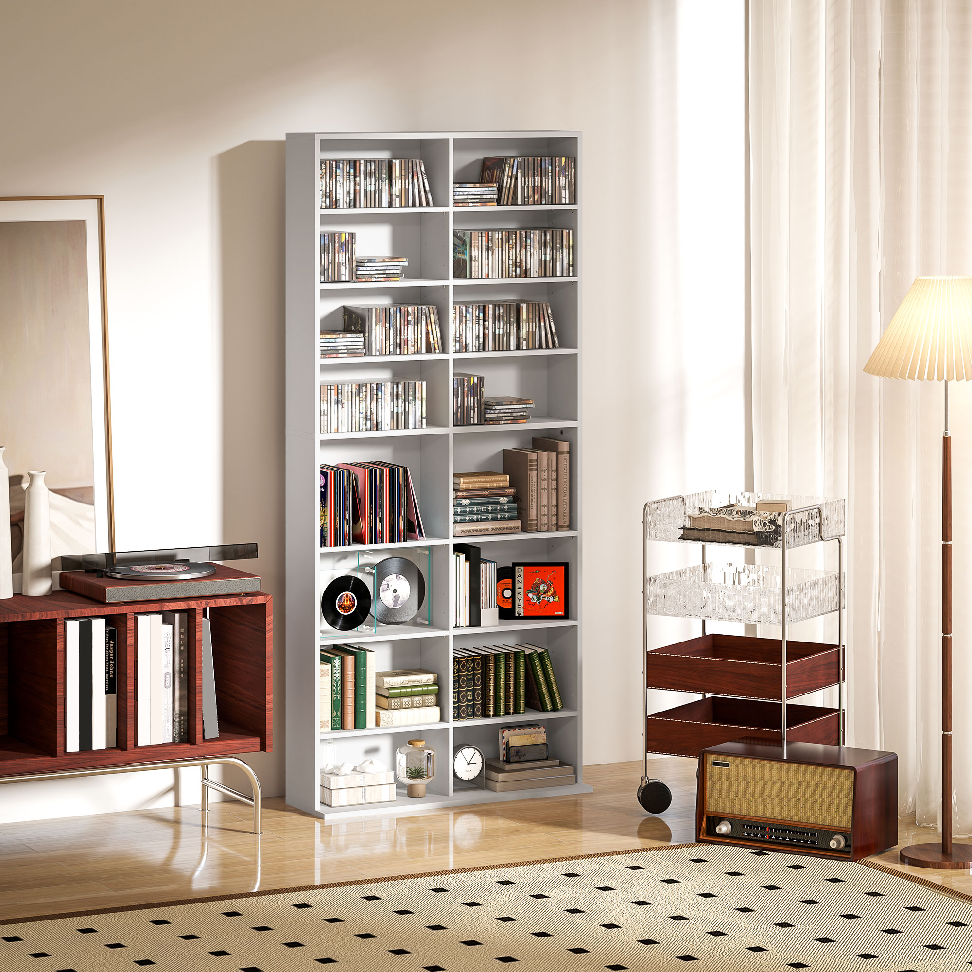 DVD-Regal, CD-Aufbewahrungsregal, 14 anpassbare Regale, 18 Fächer, 175 cm, Blu-ray-Regal, Spanplatte, Weiß