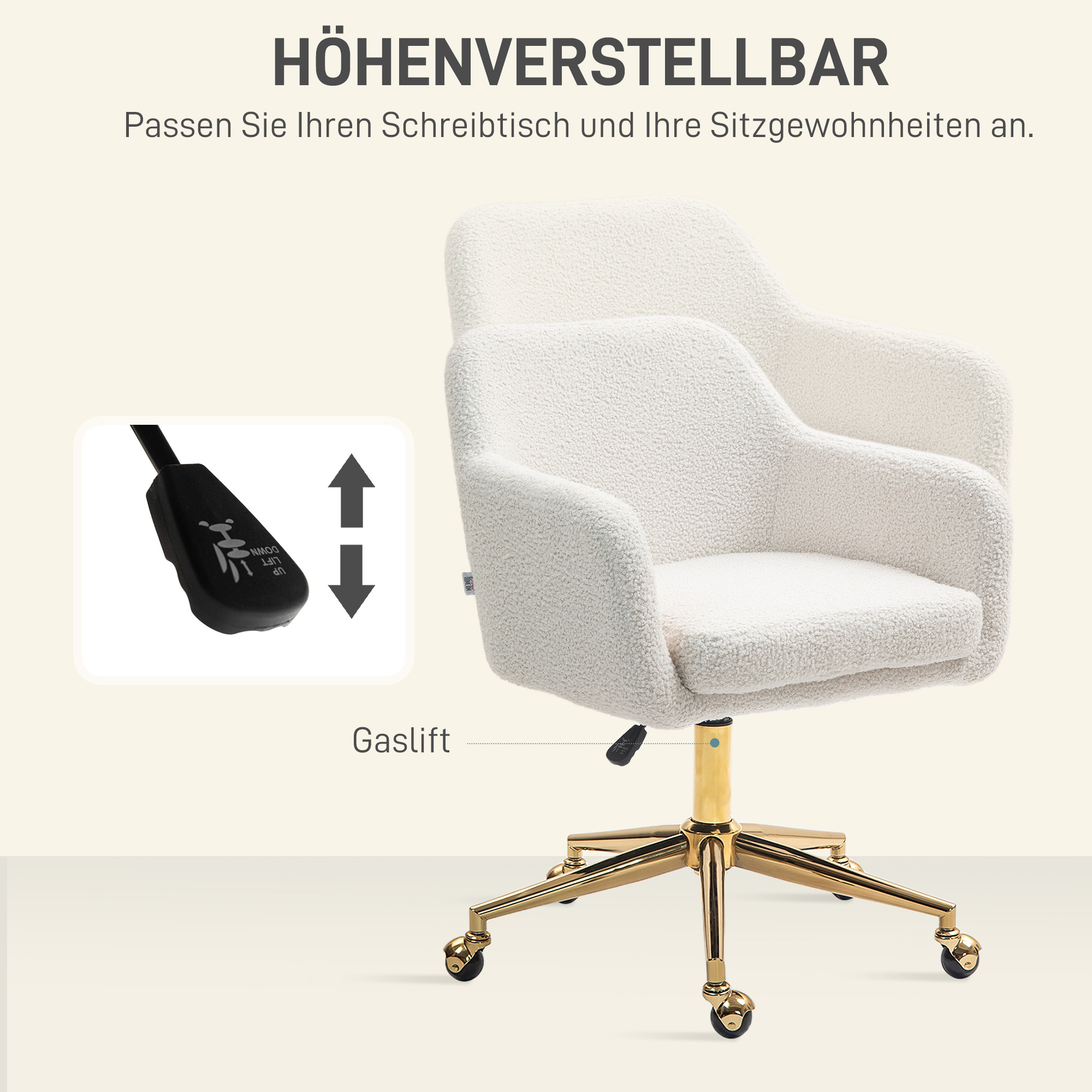 Homeoffice-Stuhl, höhenverstellbarer Bürostuhl mit Rollen, Samtartiger Bezug, Metallbasis, Cremeweiß