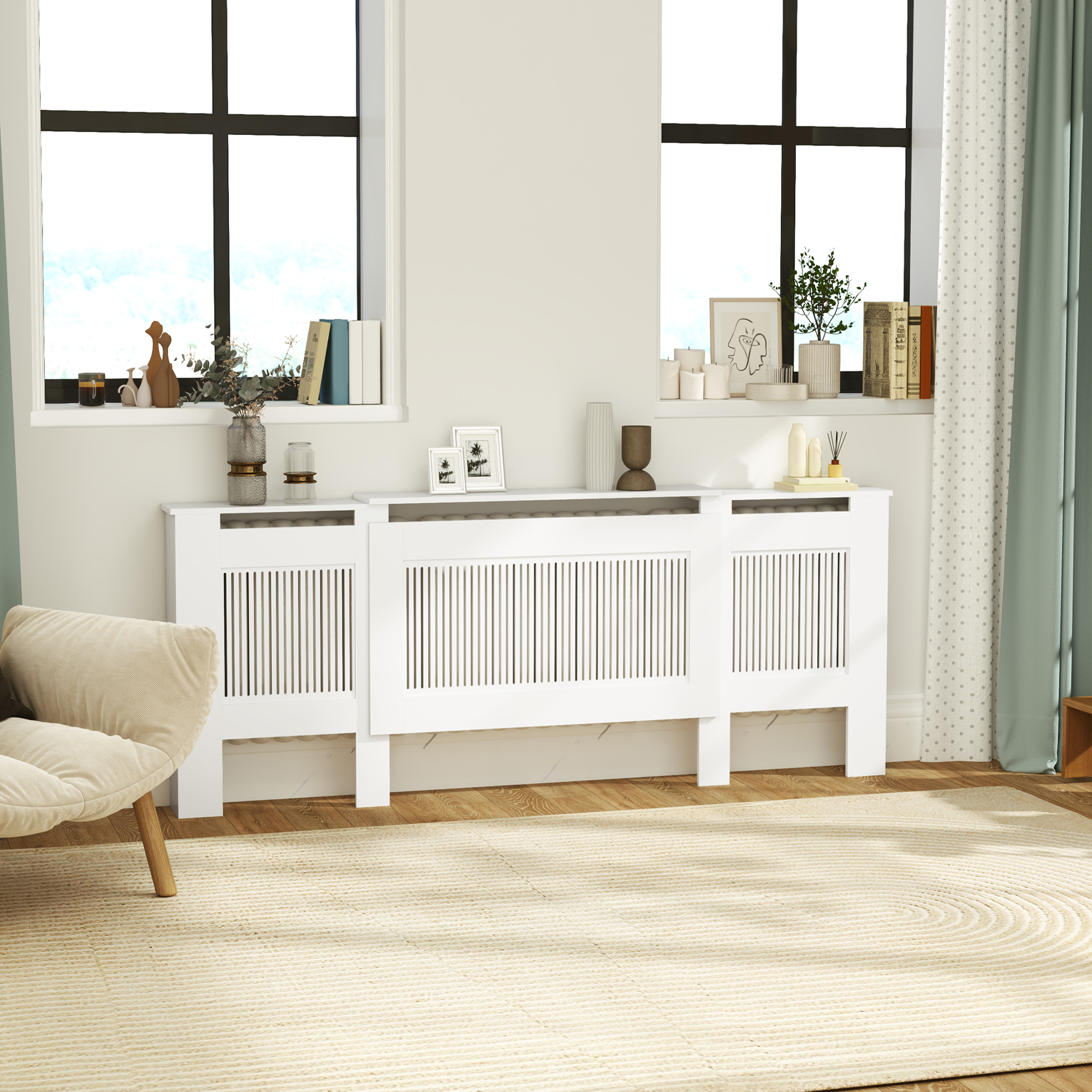 Heizkörperverkleidung, Lamellendesign, verstellbare Länge 125-201 cm, MDF, Weiß